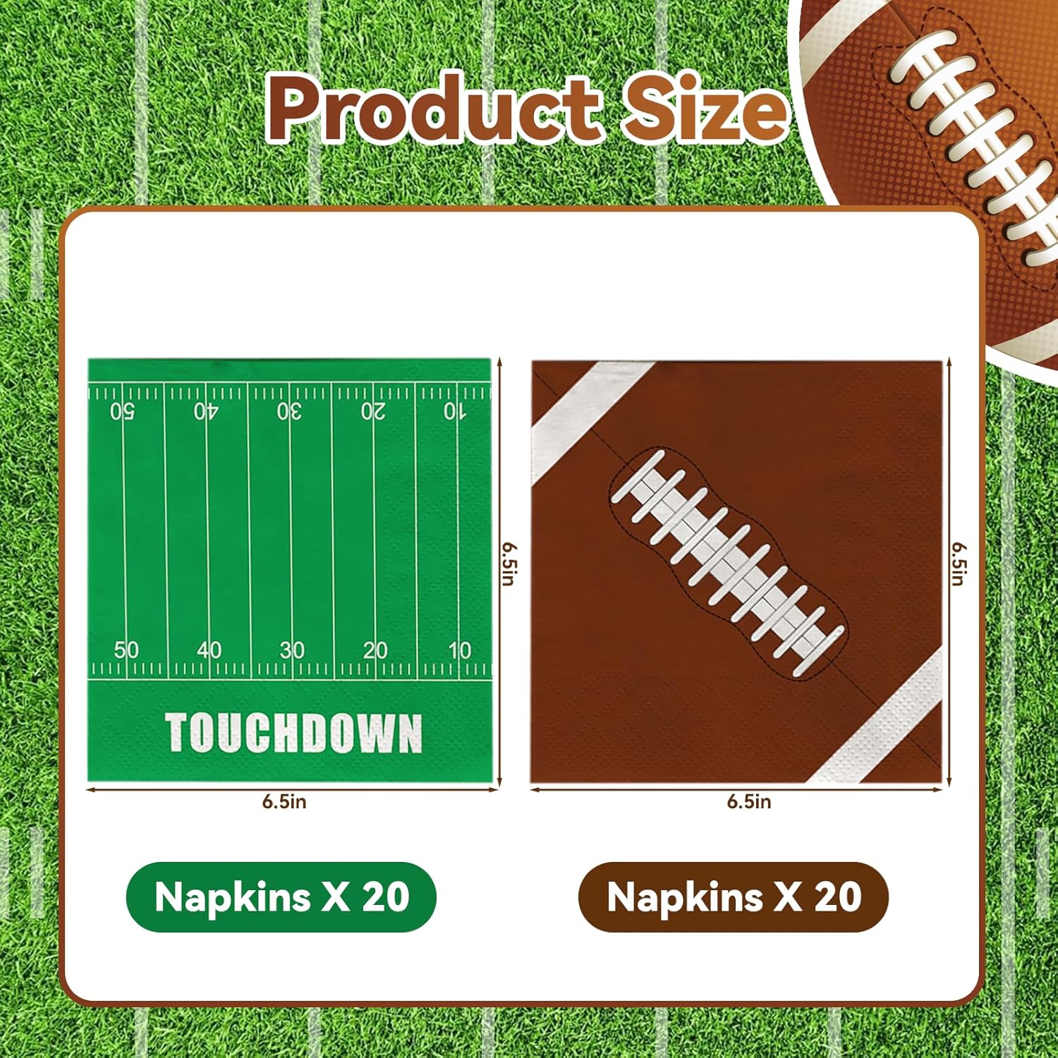 Football Paper Napkins Party Decorations - 40 Pack, 6.5 Inch 3-Ply Disposable Napkin with 20 Football Pattern & 20 Field Design, Game day Table Decor for Luncheon, Dinner, Dessert, Cocktail, Birthday