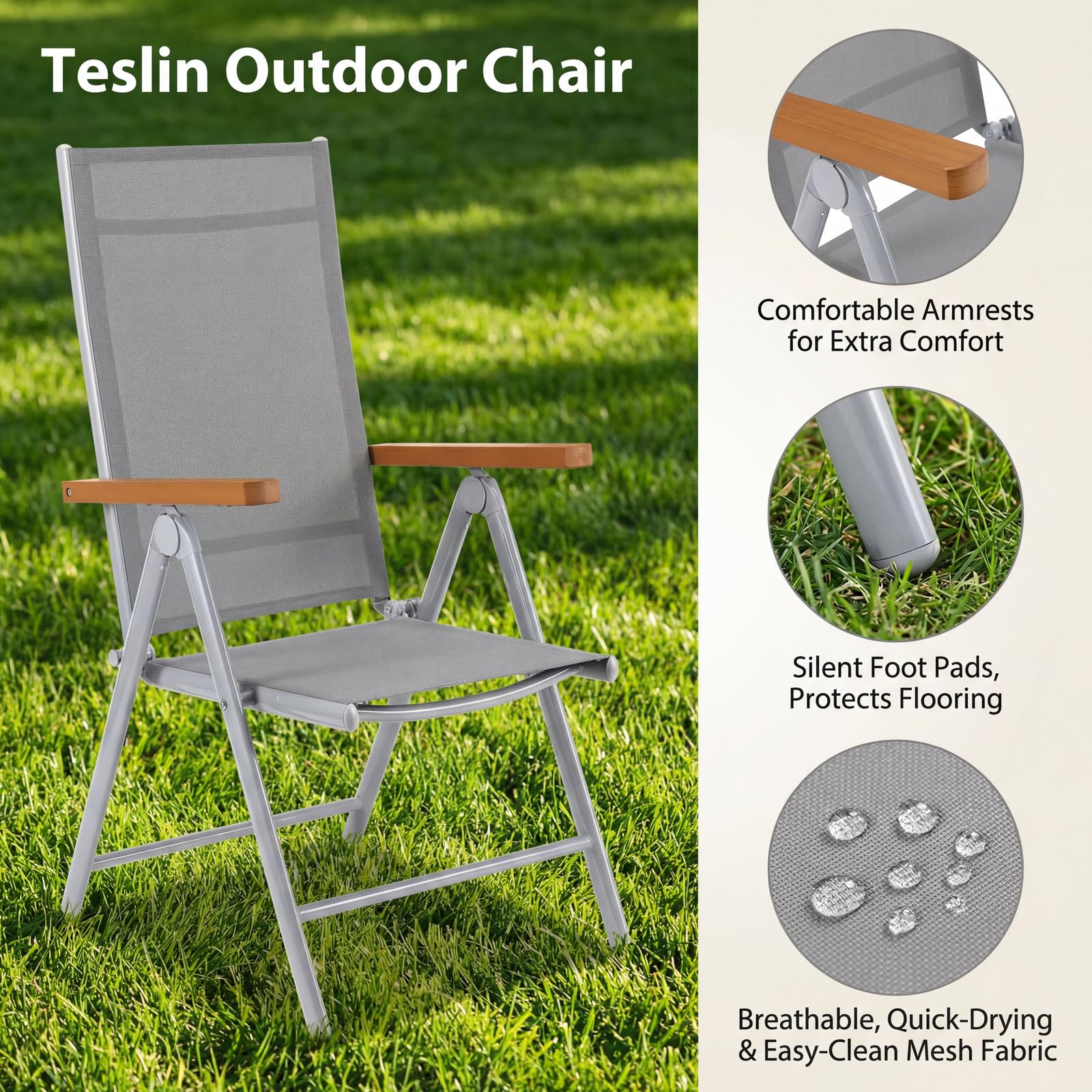 LIFERUN Alu Gartenmöbel Set 5-TLG, Balkonset 4 Stühle 1 Tisch, WPC Gartentisch + 4er Hochlehner Gartenstuhl Klappbar Wetterfest Aluminium Balkonmöbel für Veranden, Terrassen, Teakbraun+Hellgrau5pcs