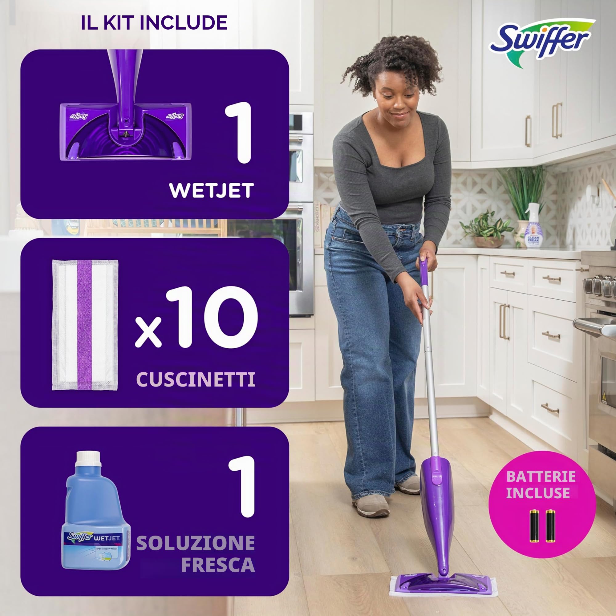 Swiffer WetJet - Kit di pulizia per pavimenti e pavimenti in legno duro, include: 1 Power Mop, 10 tamponi, soluzione di pulizia, batterie