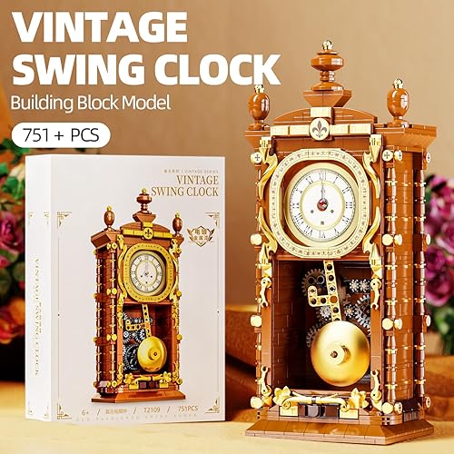 Miniatura 2 de Juego de bloques de construcción de reloj de péndulo retro, un juguete con función de reloj real y péndulo mecánico vinculado, el mejor regalo para