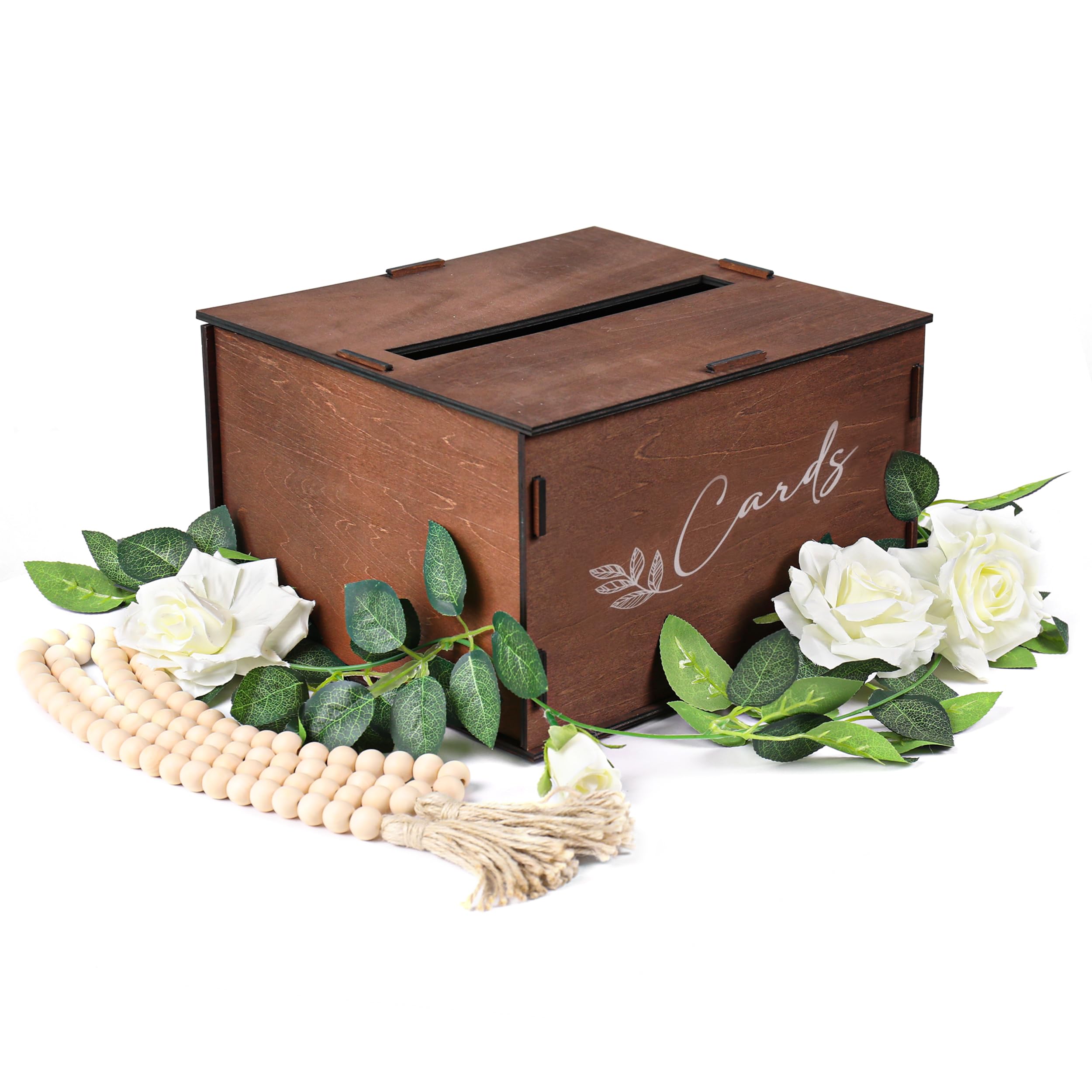 Laekker Designs [3-IN-1 SET] Wooden Wedding Card Box + Beads + Flower Garland, DIY Card Box with Slot & Lid, Ideal Decorative Envelope Gift Box for