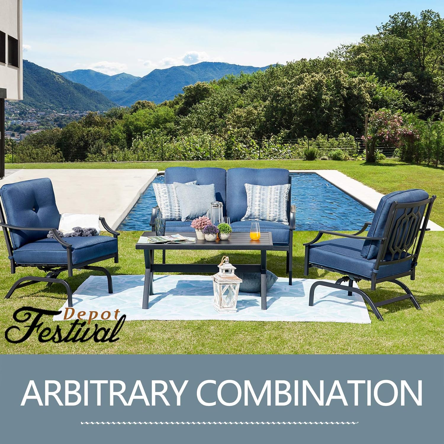 Festival Depot Outdoor Patio Bistro Funiture Set of 2 Chairs and Side Table with Ceramic-Like Top Metal Frame for Backyard Porch Poolside Balcony (Blue)