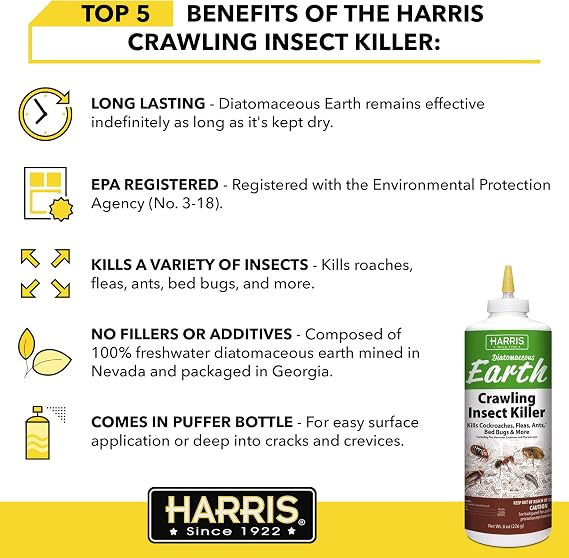Harris 8 oz Diatomaceous Earth Crawling Insect Killer 100% Natural Dust for Ants, Roaches, Bed Bugs, Fleas Indoor & Outdoor Use