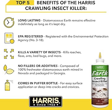 Harris 8 oz Diatomaceous Earth Crawling Insect Killer 100% Natural Dust for Ants, Roaches, Bed Bugs, Fleas Indoor & Outdoor Use