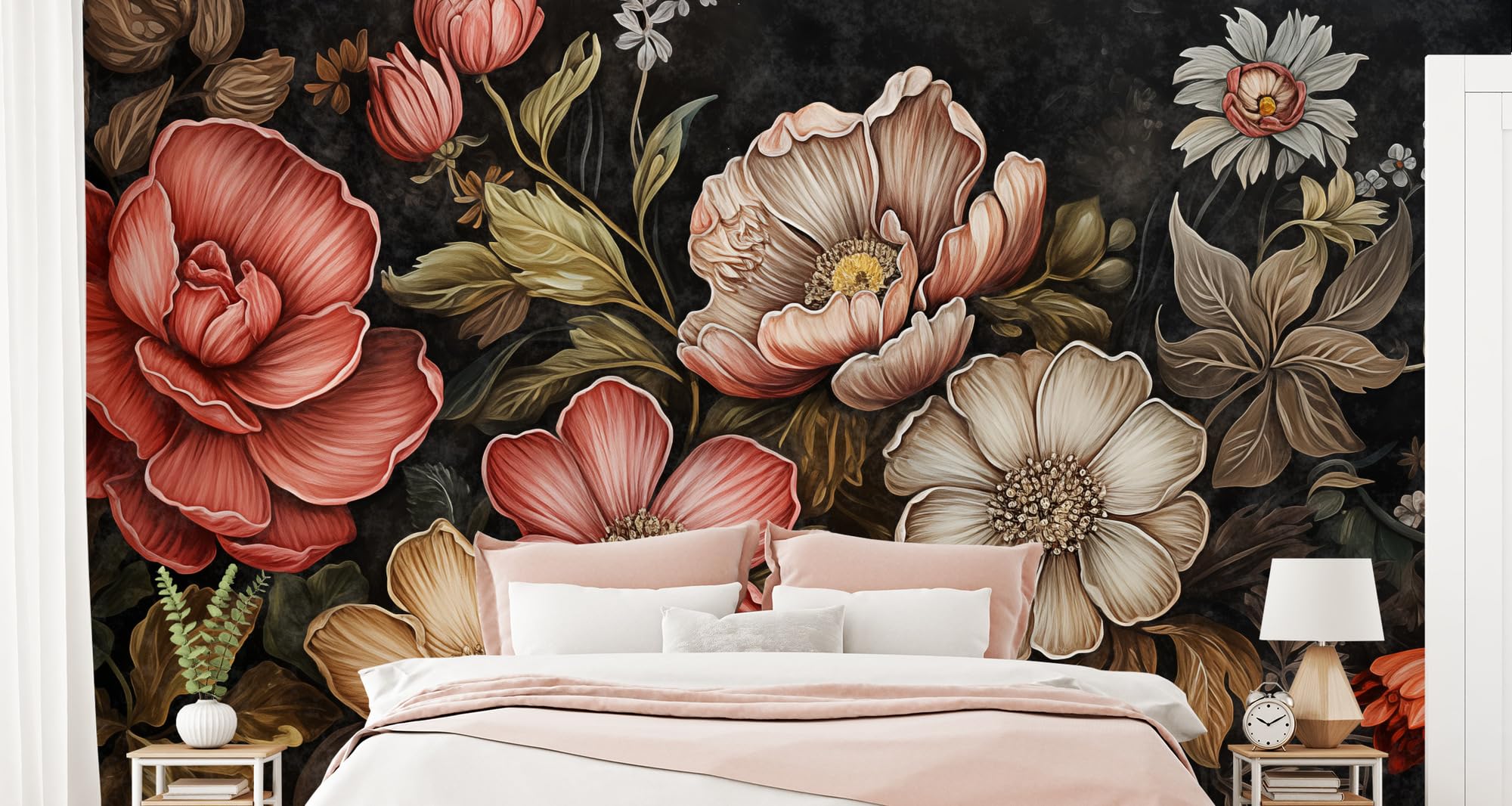 Muralo - Tapeta 3D z włókniny - fototapeta z efektem 3D - tapeta do salonu, sypialni, tapeta ścienna - fototapeta - liście i kwiaty w stylu vintage - szer. 254 cm x wys. 184 cm