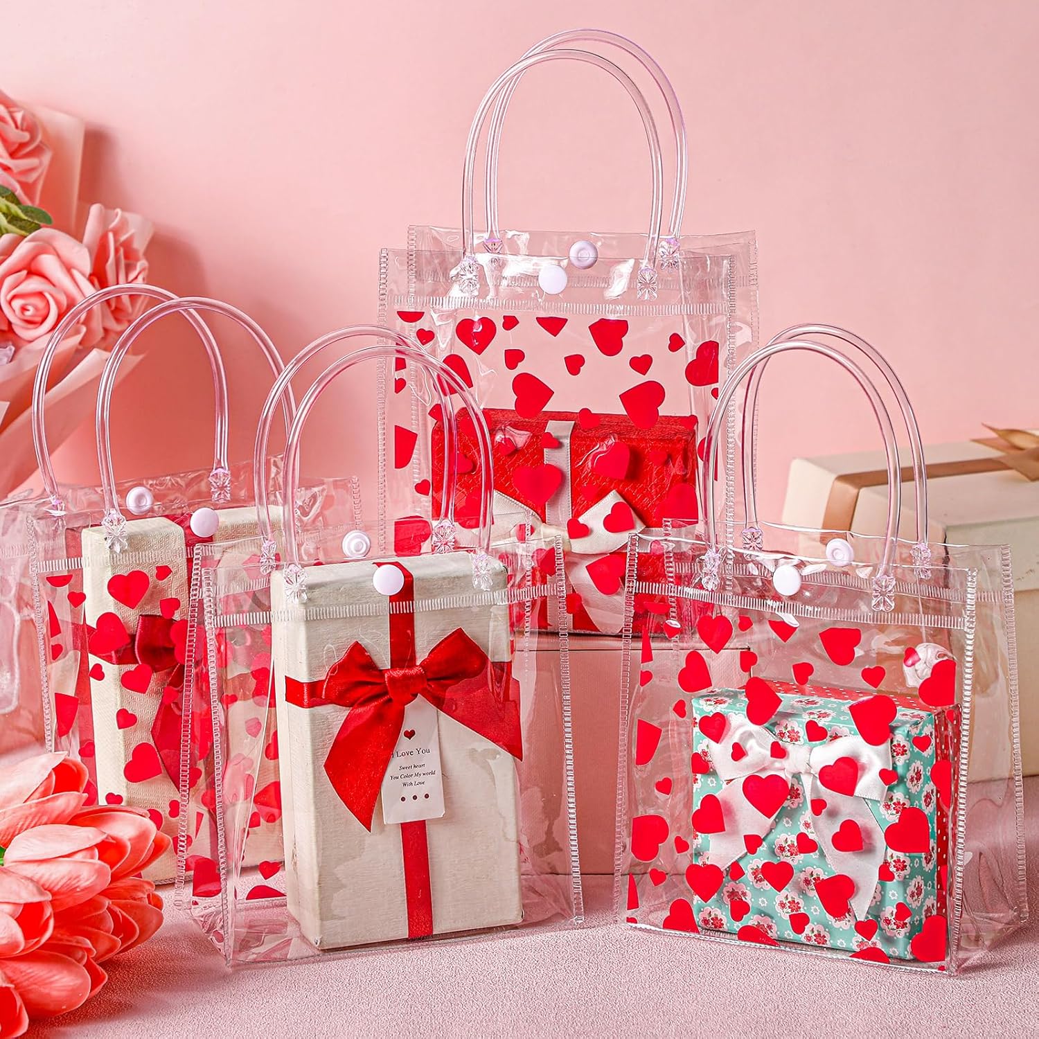 Yeaqee 36 Pcs Valentine's Day Love Heart Printed Clear Gift Bags with Handles Bulk Plastic Treat Candy Pouch Reusable Valentine's Party Handbag PVC Heart Tote Bags for Birthday Baby Shower Party Favor - Image 3