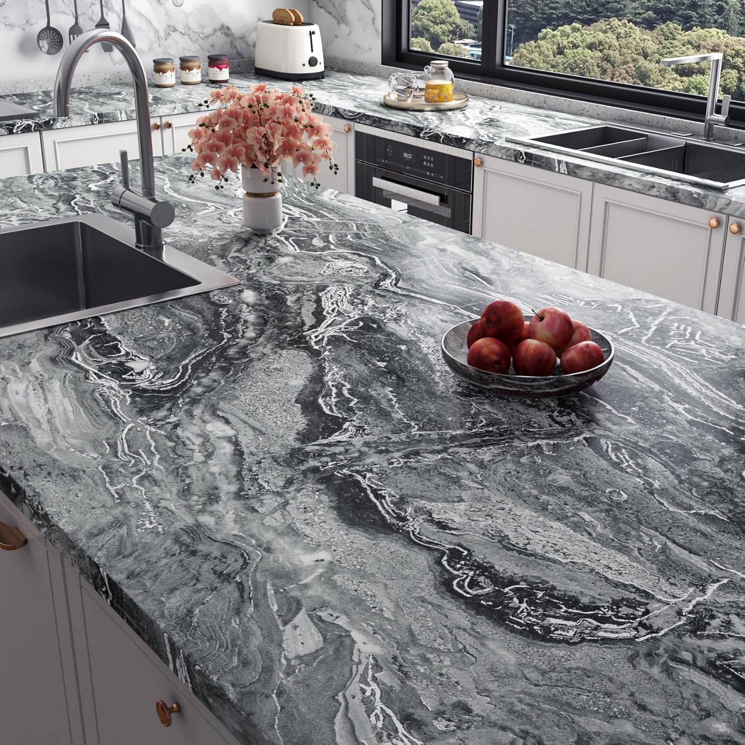 Stickyart 36"x160" Big Roll Silver Black Marble Contact Paper for Countertops Cabinets Waterproof Self Adhesive Liquid Marble Wallpaper Peel and Stick Countertops Removable Kitchen Marble Wall Paper