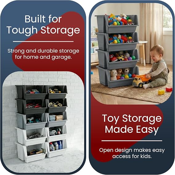 Knight 40L Stackable Open Storage Boxes | Multi-Purpose Plastic Storage Containers for Home, Office & Garage | Storage Bins for Clothes,Toys, Tools & Household Storage | Grey - 6Pack.