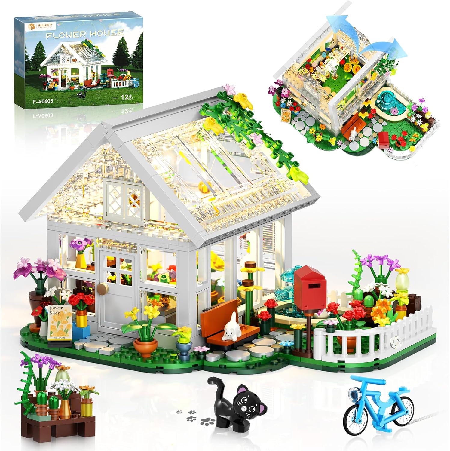 Flower House Building Set with LED Light, Creative Greenhouse Building Toy Kits, Garden House City Street View Playset, Christmas Birthday Gift for Adults Teens Girls Age 8-12, 632 Pcs