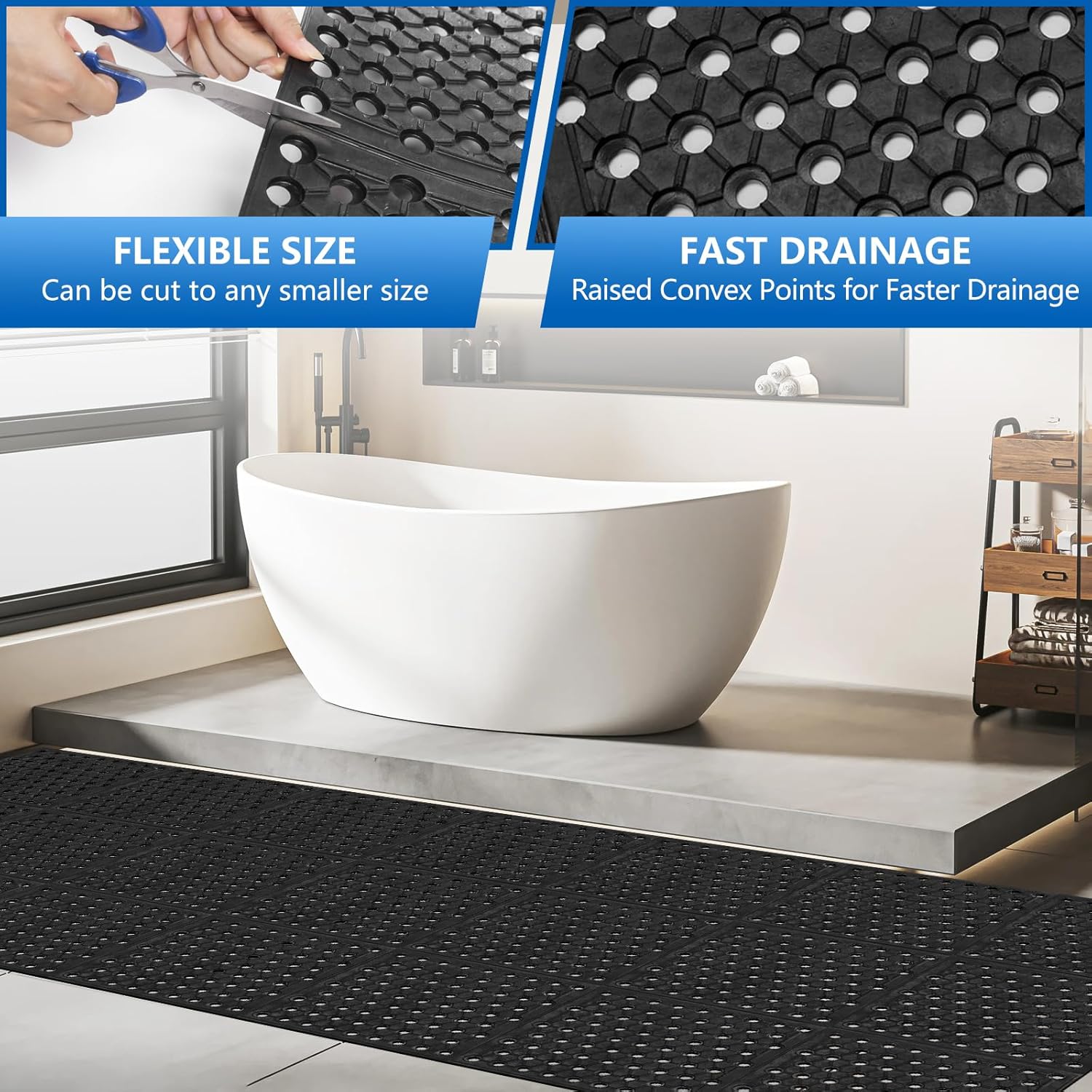 82.6 x 35.4 Inch Non-Slip Commercial Anti-Fatigue Drainage Rubber Mat Roll, Heavy Duty Rubber Floor Mat with Holes for Restaurants, Bars, and Wet Areas, Black - Image 5