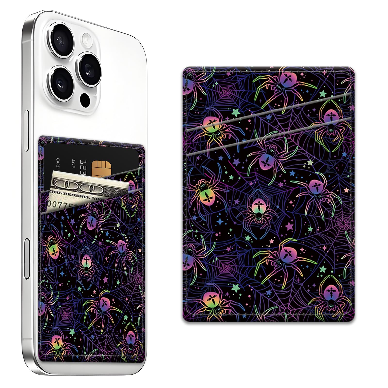AFPRNK Phone Card Holder, Dual Pocket Leather Wallet Adhesive Stick On, Cute Credit Card Holder for Smartphones Case Compatible with Most Phone（Colored spider）
