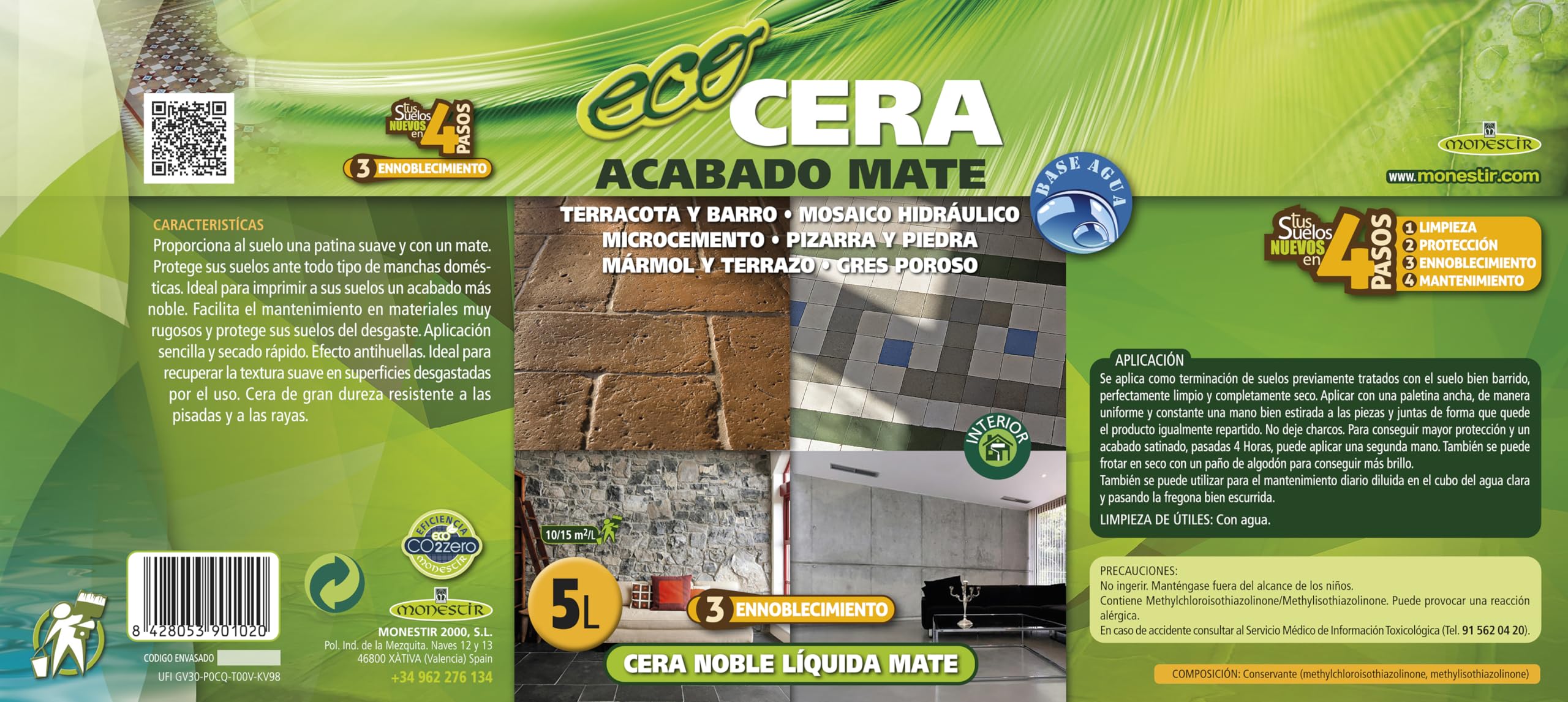 Monestir Cera Noble Líquida Mate para encerado de barro y suelos de Terracota, mármol envejecido y mosaico hidráulico 5L