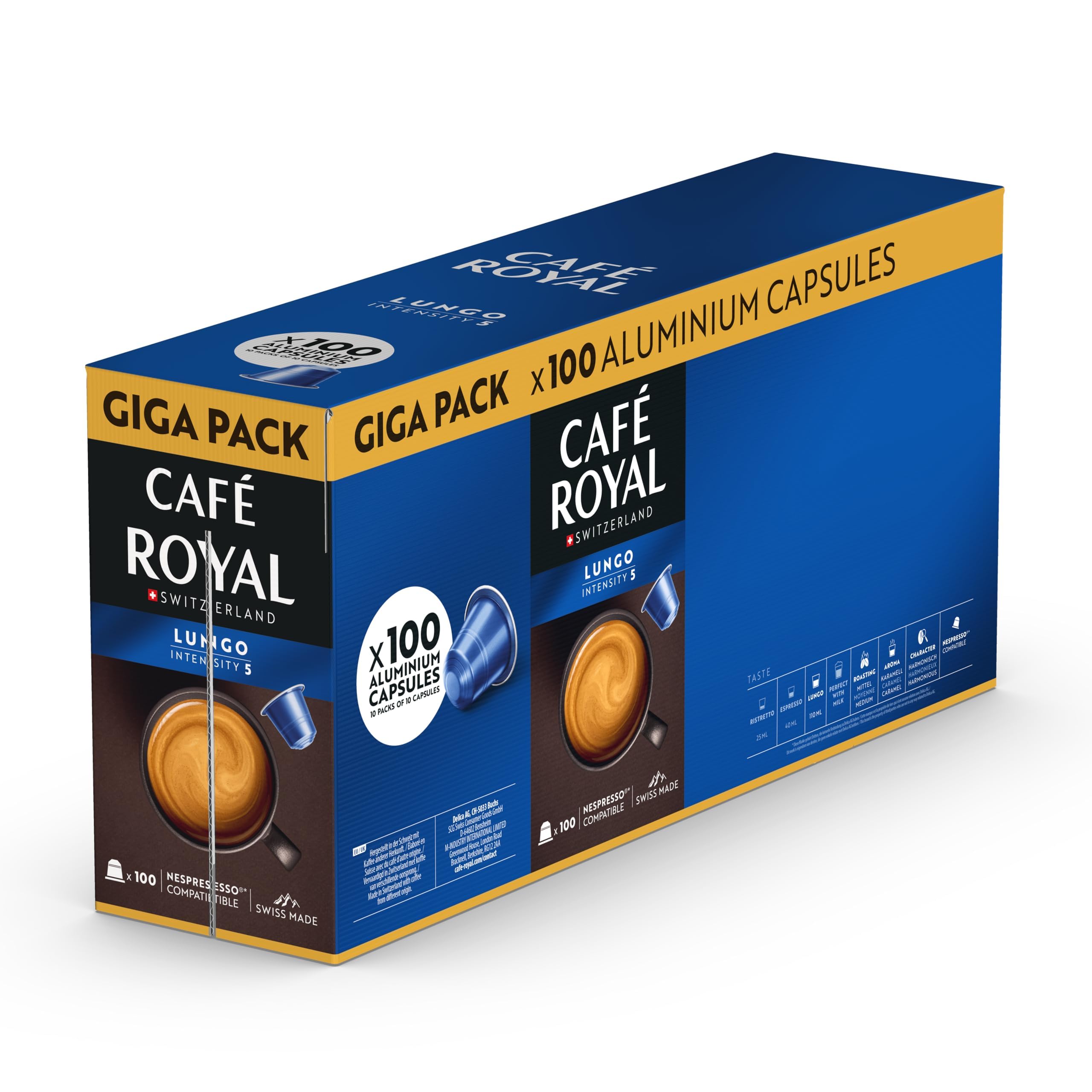 Café Royal Lungo – 100 Nespresso® Compatible Capsules, Intensity 5/12, 100% Arabica, Rainforest Alliance