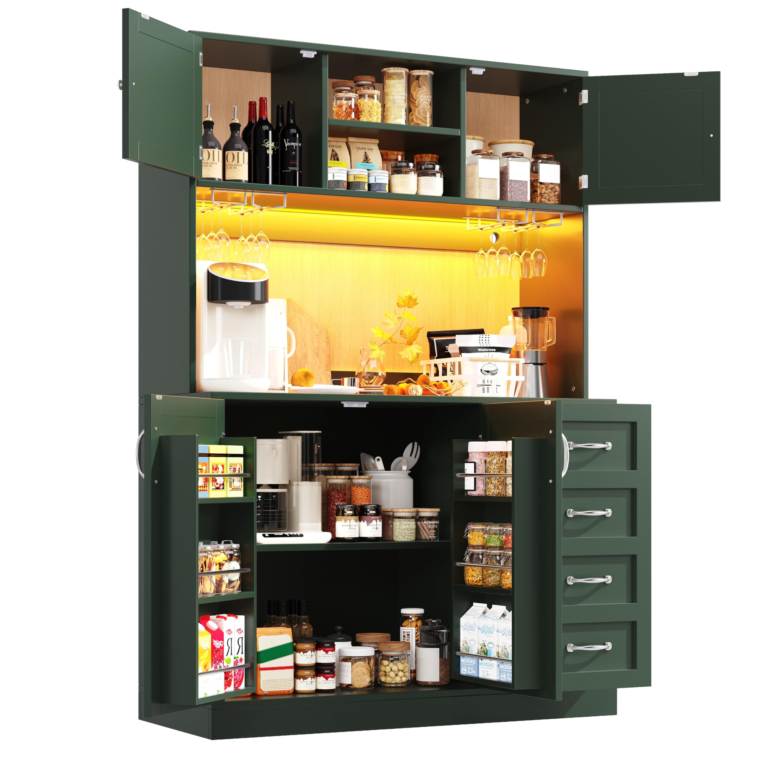 Küchenschrank Hochschrank mit Arbeitsplatte und LED-Licht, Küchenbuffet Buffetschrank mit Getränkehaltern und 4 Türen, Highboard Schrank mit Schubladen und Snackregal, Grün, 120x40x188 cm