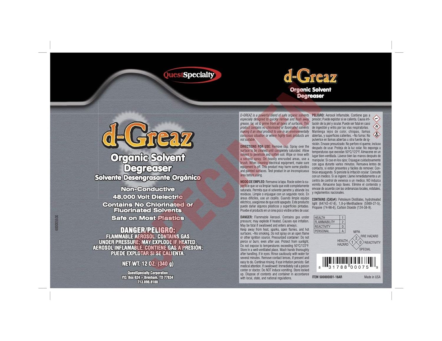 Quest Specialty d-GREAZ Organic Solvent Degreaser, 16 oz. can, 1 count