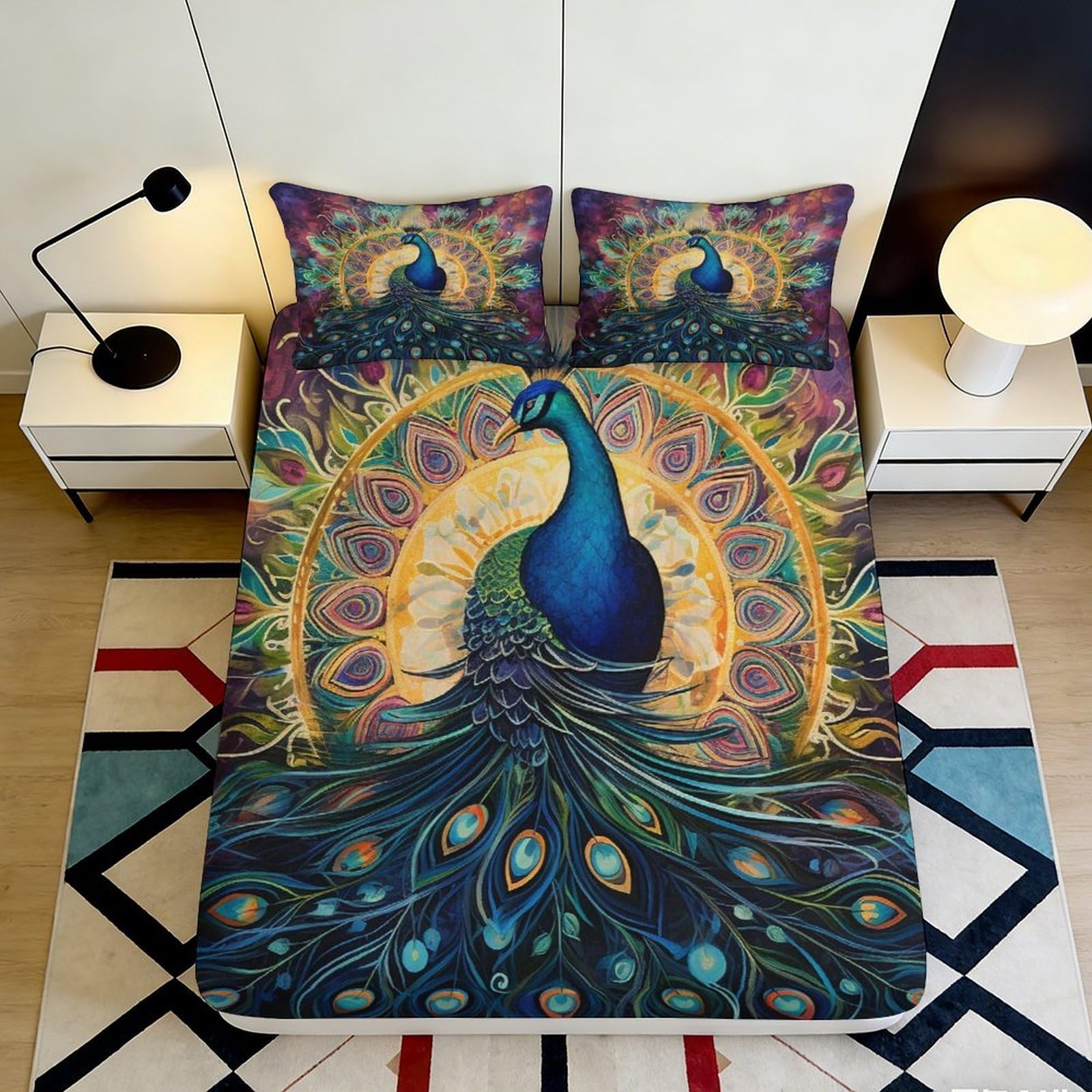 3D Printed Peacock Fitted Sheet Microfiber Soft Breathable Colorful Bed Cover with Mandala Pattern Mattress Cover for Bedroom Dormitory Guest Room 200x200x25cm