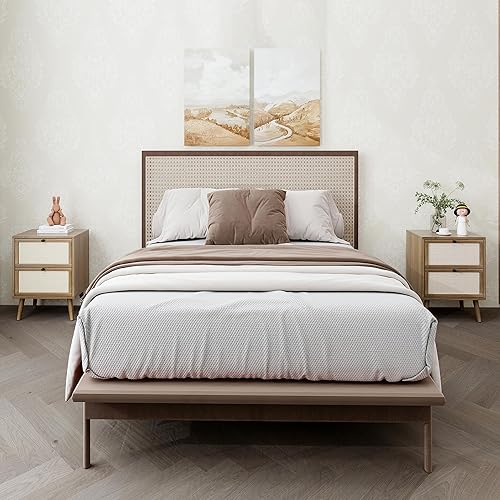 Miniatura 9 de Juego de 2 mesitas de noche de ratán, mesa auxiliar de ratán con 2 cajones decorados a mano, mesa decorativa de madera con 2 cajones de