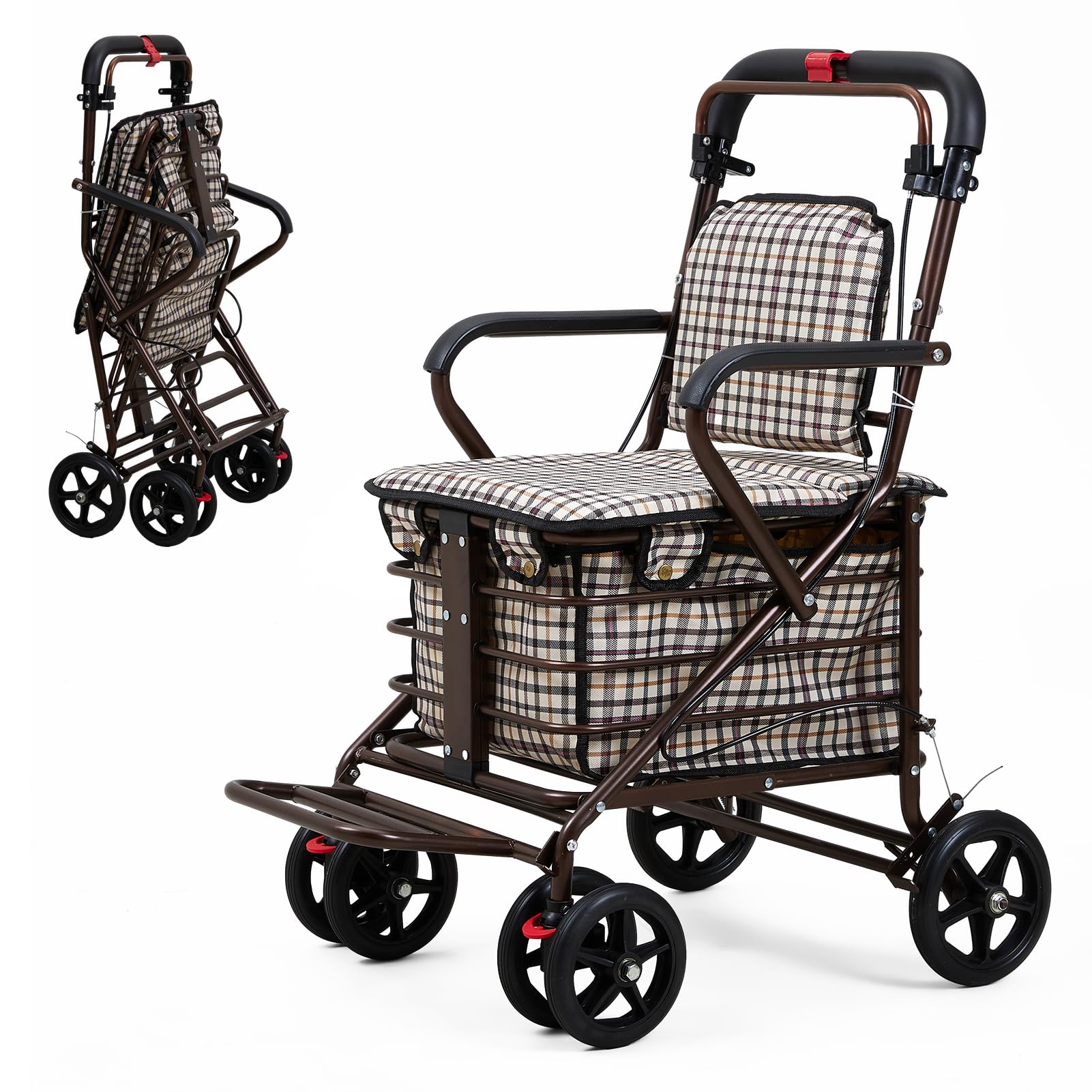 The Fellie Walk and Rest Foldable Shopping Trolley with Seat for Elderly, 27L Sit & Go Shopping Trolley on Wheels with Backrest, Breakes & Removable Bag, Brown — image 1
