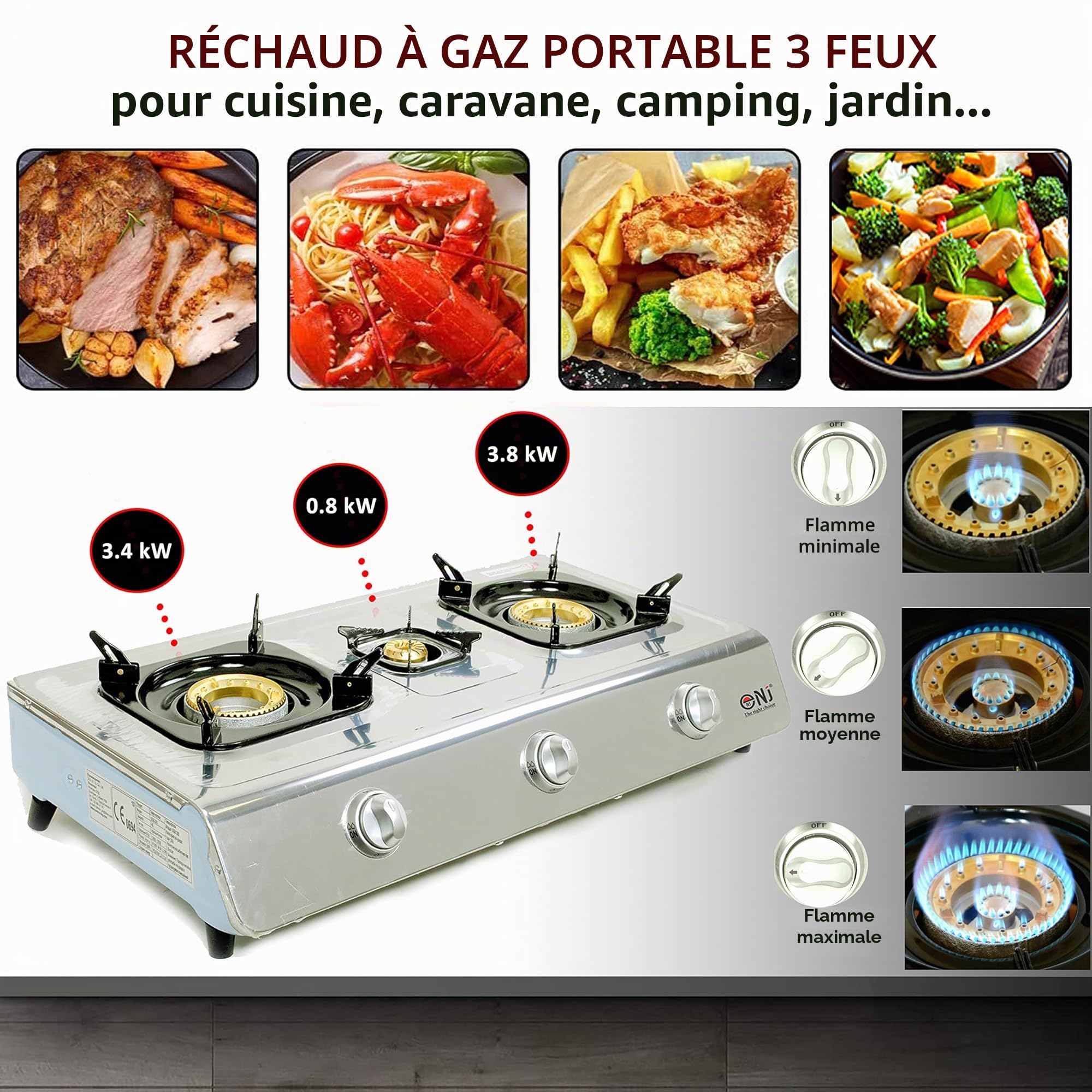 NJ NSD-3 Réchaud Gaz Intérieur - 3 Feux Plaque de Cuisson Portable GPL