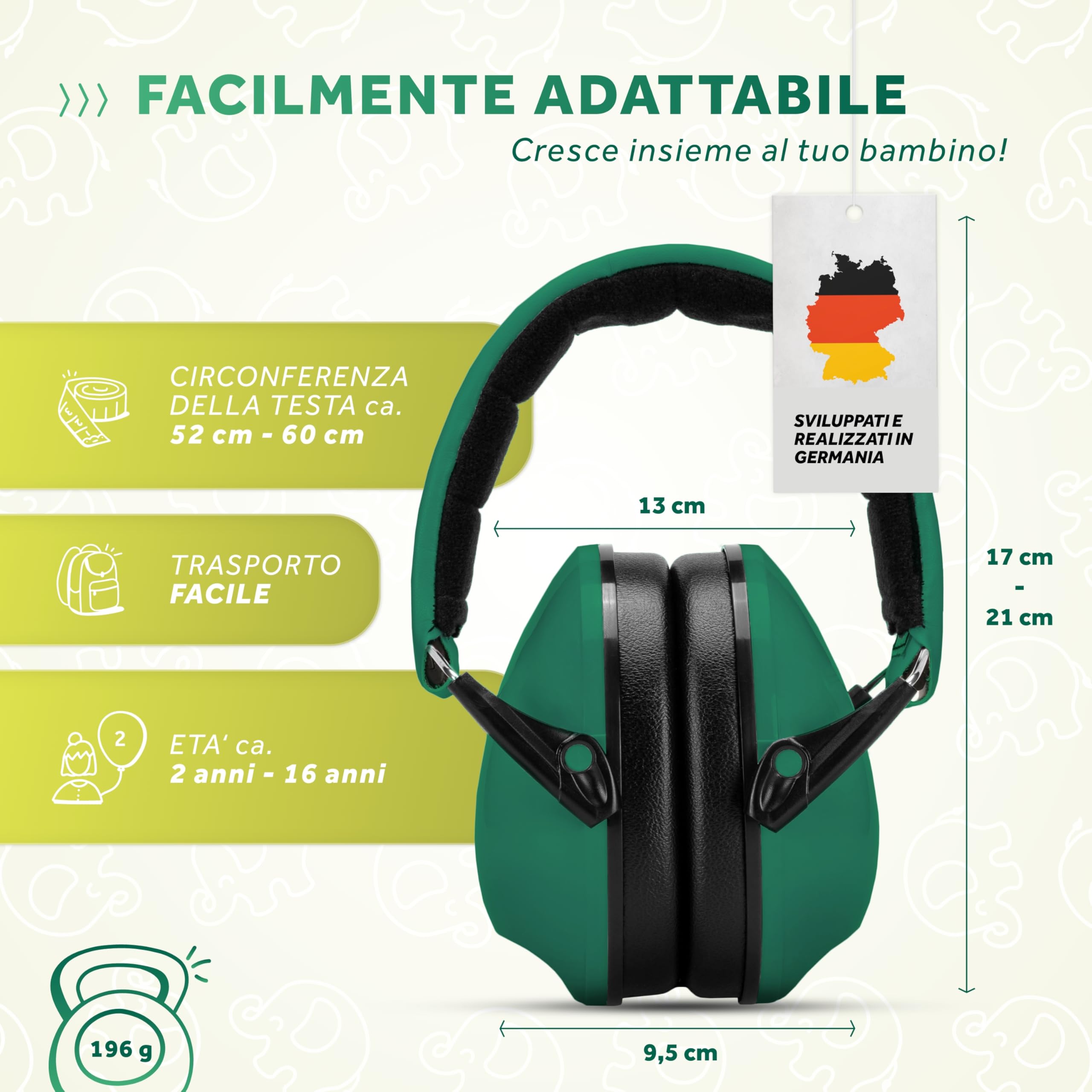 Schallwerk ® Paraorecchie per bambini (Jungle Green) | Protezione dell'udito per bambini – Cuffie di alta qualità – Paraorecchie ideali per tutti i giorni ed eventi
