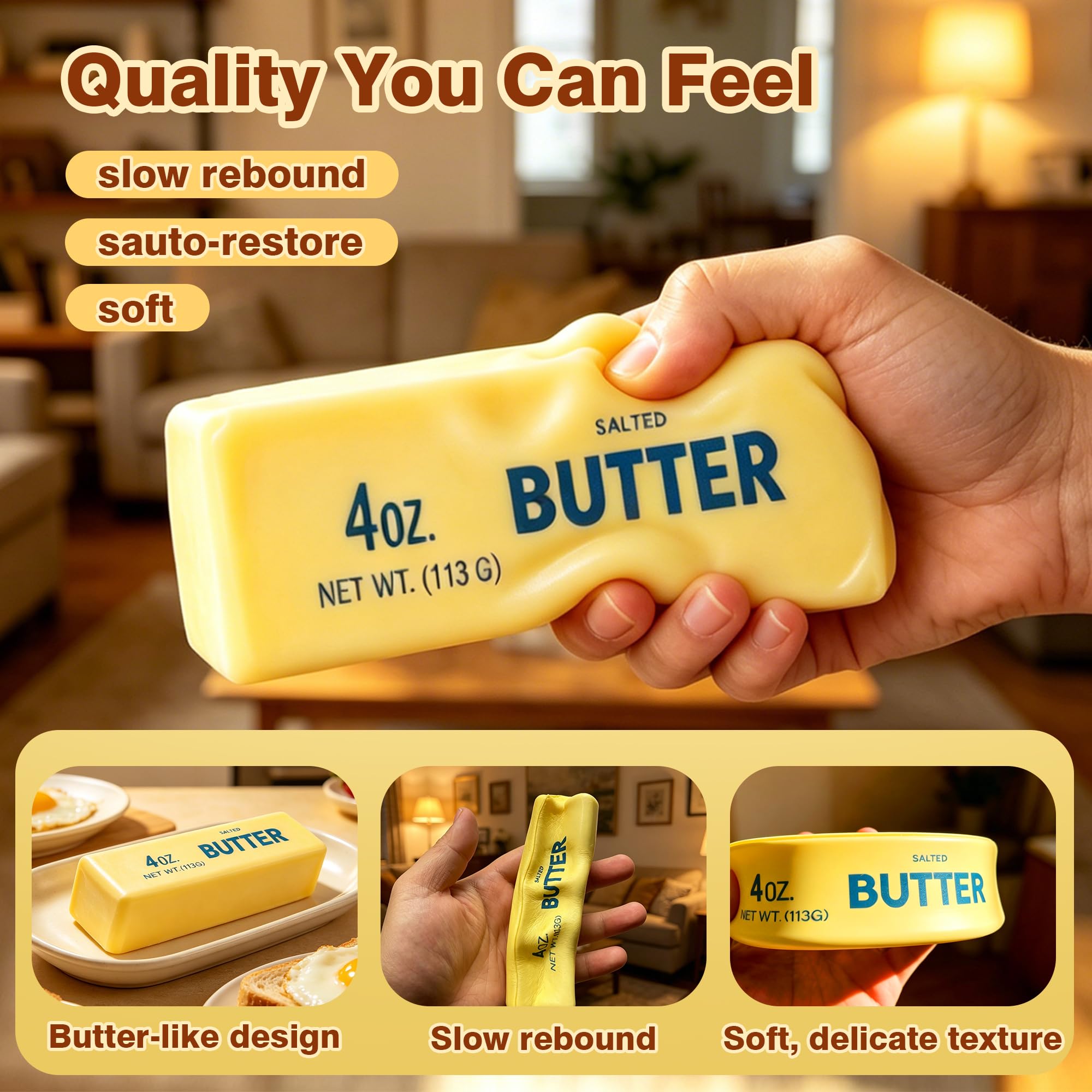 2 Pcs Butter Squishy - 2026 New Upgraded Slow Rising Squishy Butter Squeeze Toy,Realistic Bread Style Sensory Fidget for Desk, Anxiety Relief Fun Gift for Adults (Yellow) — Amazon image 5