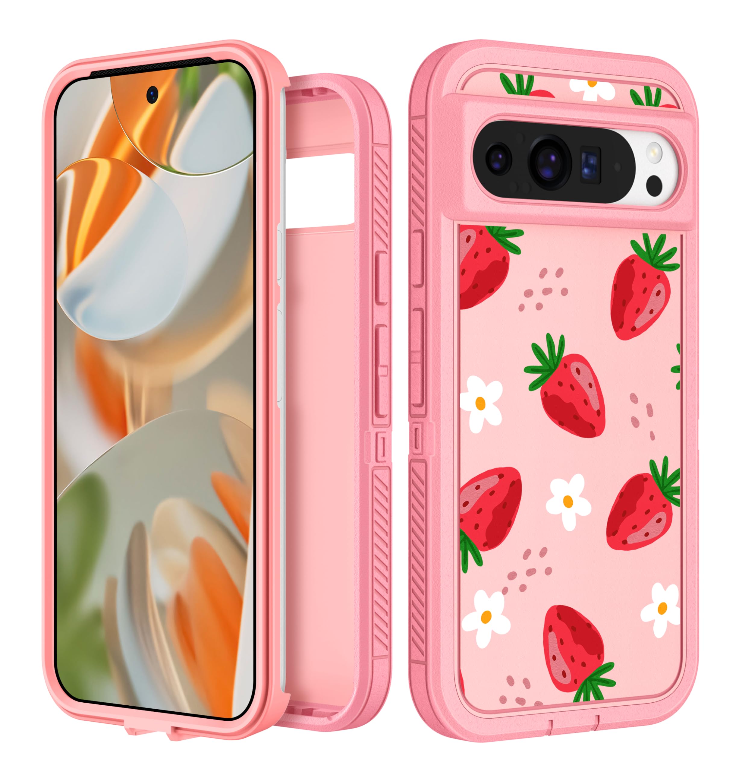 for Google Pixel 9 Pro XL Case - Women Girls Cute Cover Girly Aesthetic Kawaii Unique Design Teens Pretty Strawberry Heavy Duty Shockproof Protective Phone Case for Pixel 9 Pro XL 6.8 Inch