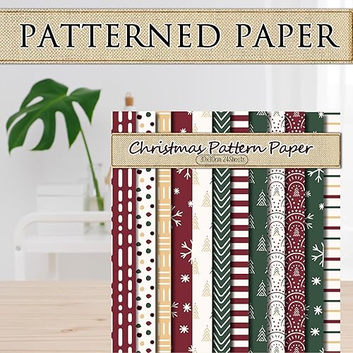 Miniatura 4 de Whaline 24 piezas de papel bohemio con patrón de Navidad, álbum de recortes, papel especial para árbol de Navidad, copo de nieve, papel de