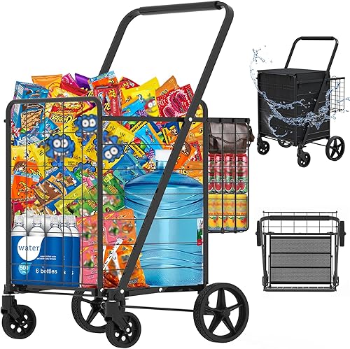 Carrito de Compras Plegable de Servicio Pesado para Comestibles, Carritos de Comestibles Jumbo con Ruedas Giratorias de 360, Bolsa Impermeable,