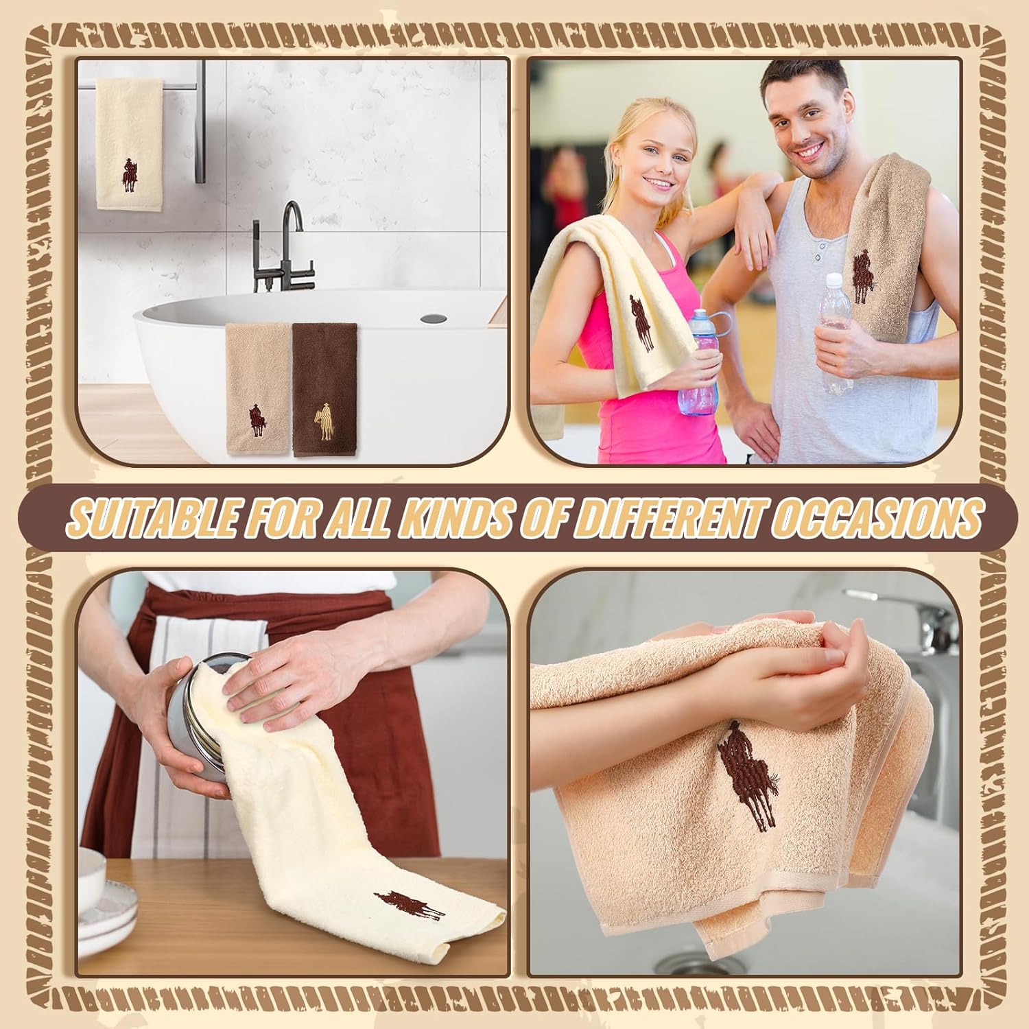 3 Pcs Western Cowboy Hand Towels for Bathroom Cotton Embroidered Rodeo Kitchen Towels 13.3" x 29.5" Rustic Gifts for Bath Shower Farmhouse Decors Housewarming Gift (Brown) - Image 6