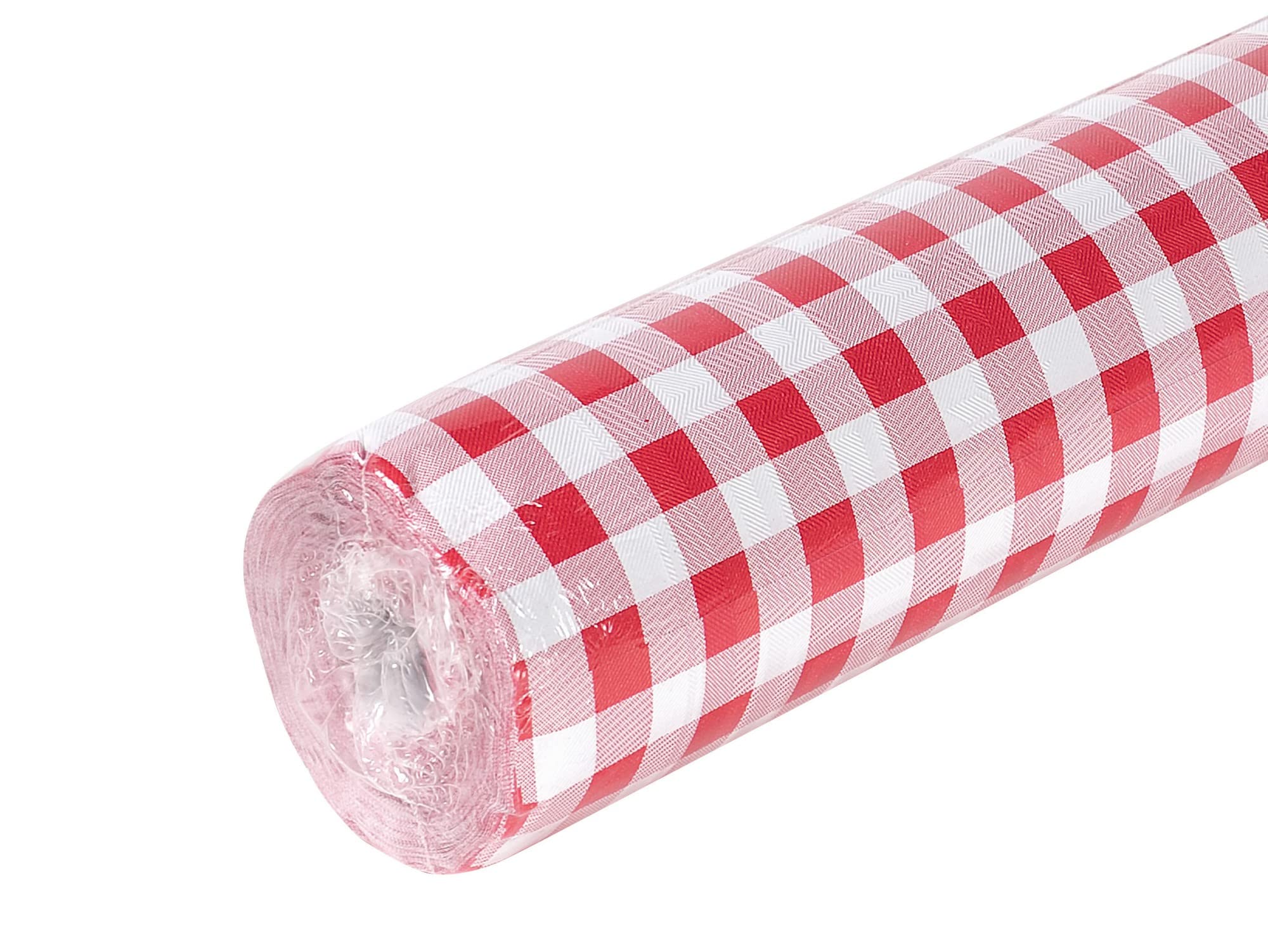 Réf R485070I - Nappe jetable en papier damassé en rouleau de 50 M de long X 1,18 M de large - Papier damassé au motif universel chic et classique - 166 couverts - Couleur vichy rouge
