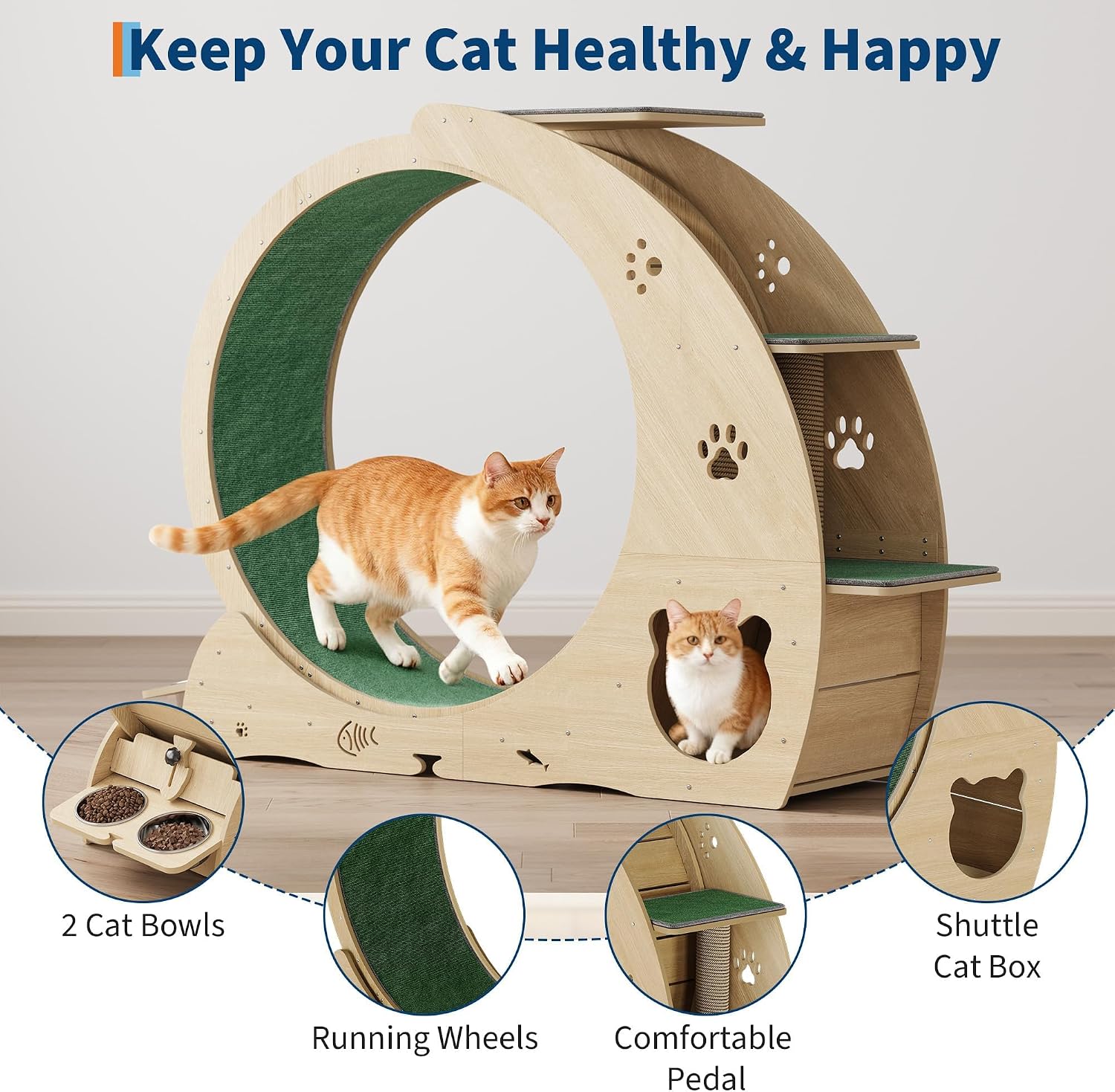 Large 55-Inch Quiet Cat Exercise Wheel with Scratching Post & Bowls – Safe, Easy-to-Assemble Multi-Function Activity Center for Indoor Cats,Natural