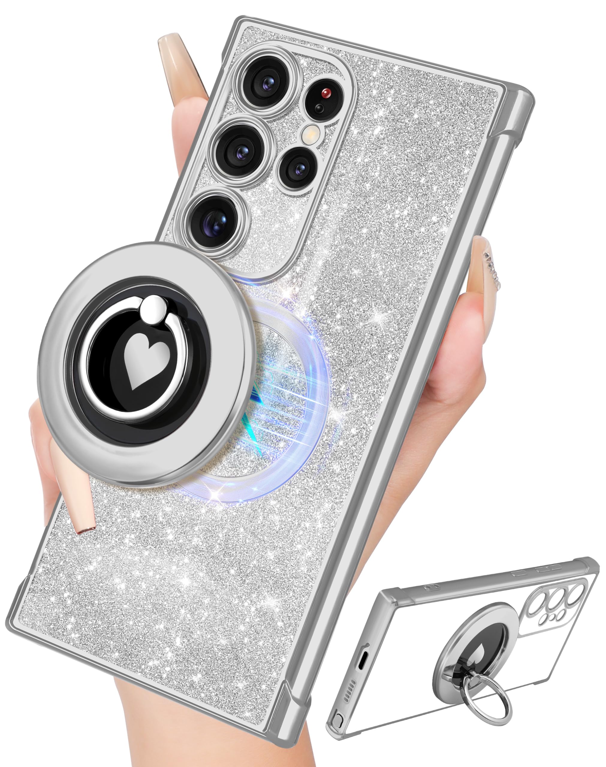 LISEVO for Samsung Galaxy S22 Ultra Case - Women Cute Glitter Bling Compatible with MagSafe Ring Stand Magnetic Phone Cover Girls Sparkly Luxury