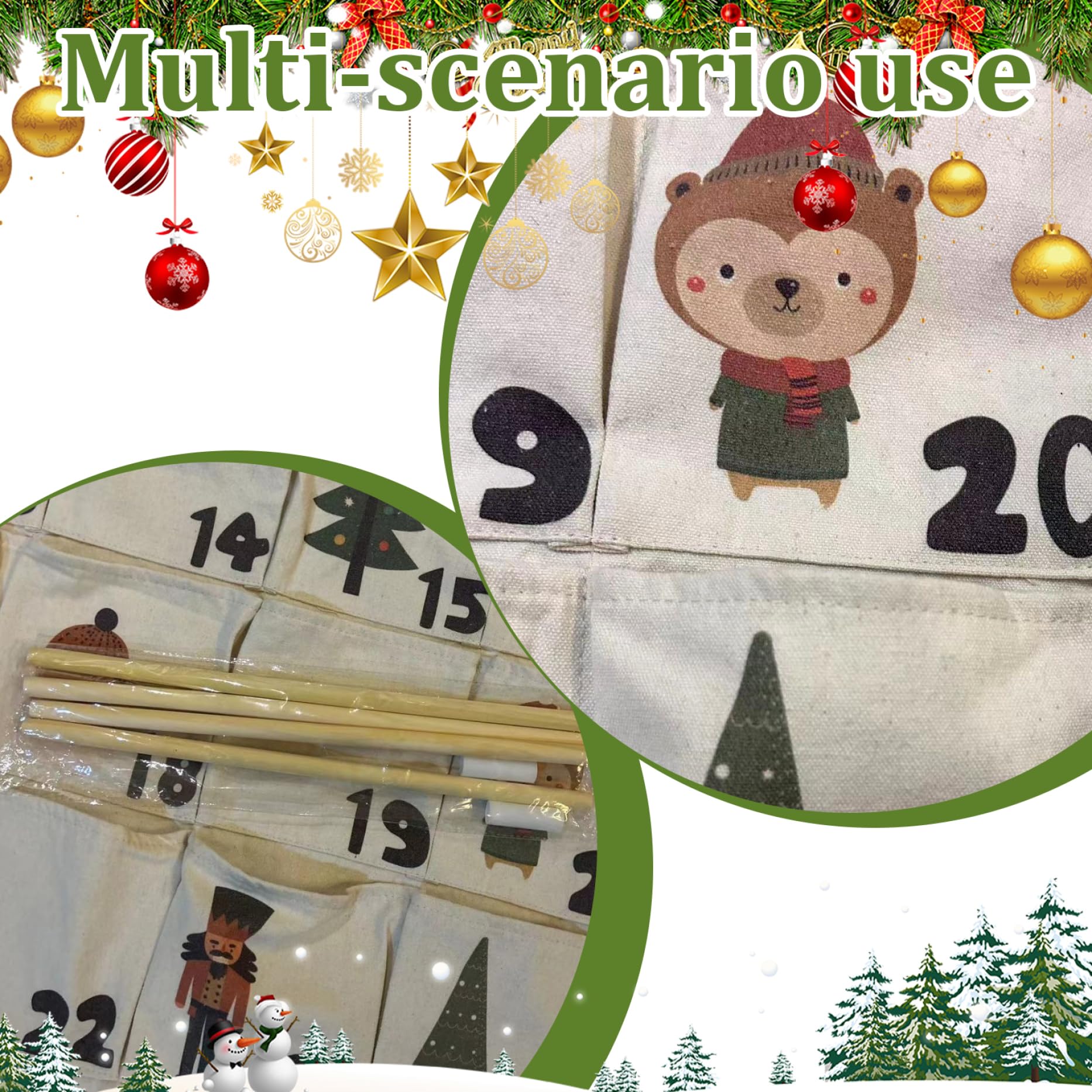 Gcroet Calendario dell'Avvento sospeso con 24 Tasche Calendario Avvento di Natale Organizzatore Portable Down -Portable per Decorazioni di Natale per Porte o pareti