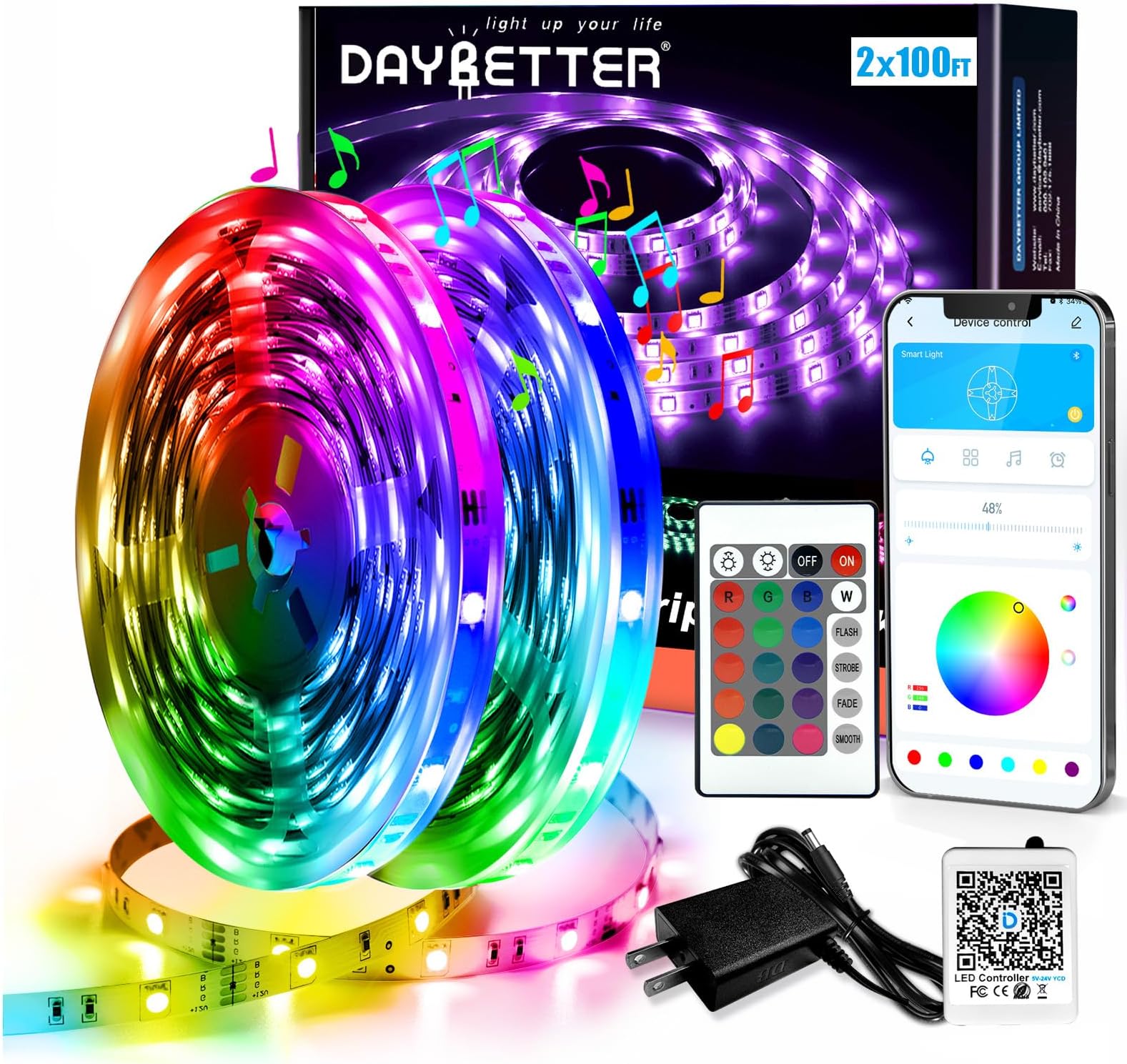 DAYBETTER Led Strip Lights Smart with App Control Remote, 2835 RGB for Bedroom, Music Sync Color Changing for Room Party 200 ft (2 Rolls of 100 ft)