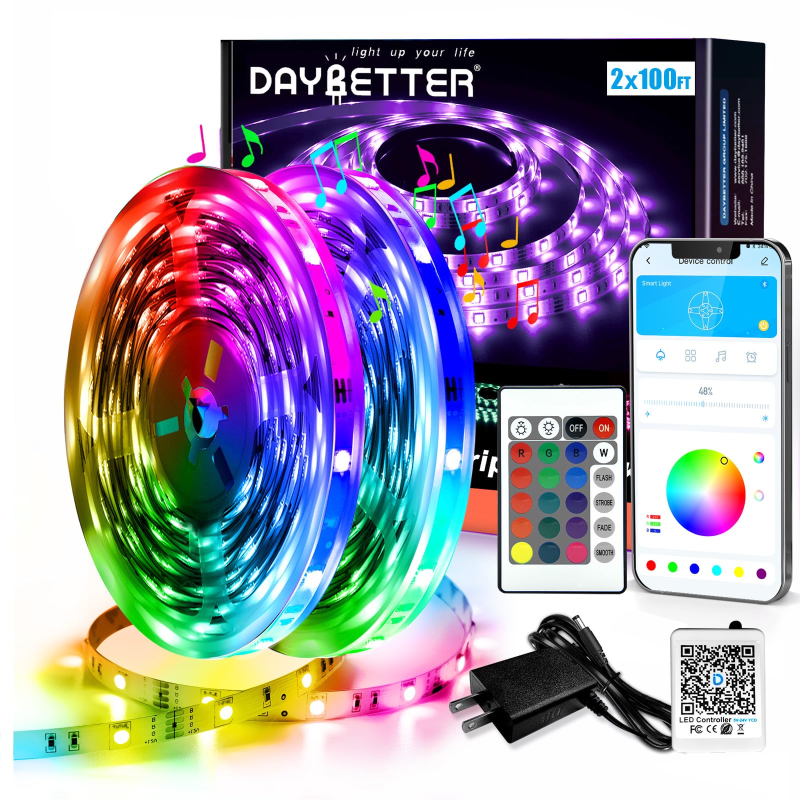 Led Strip Lights Smart with App Control Remote, 2835 RGB for Bedroom, Music Sync Color Changing for Room Party 200 ft (2 Rolls of 100 ft)