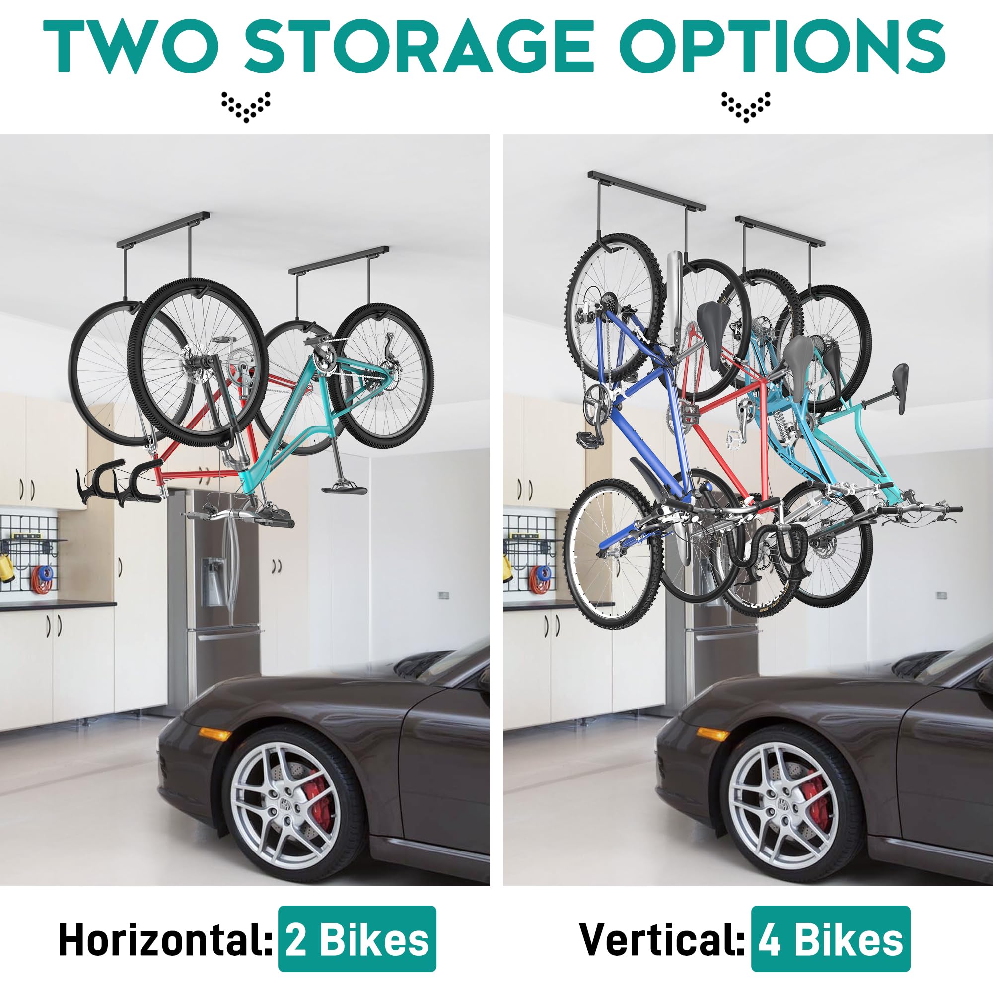 EVERHANGER Decken-Fahrradaufbewahrungsständer für Garage, Innen-Fahrradaufbewahrung mit verstellbaren Fahrradhaken (für 2 bis 4 Fahrräder)