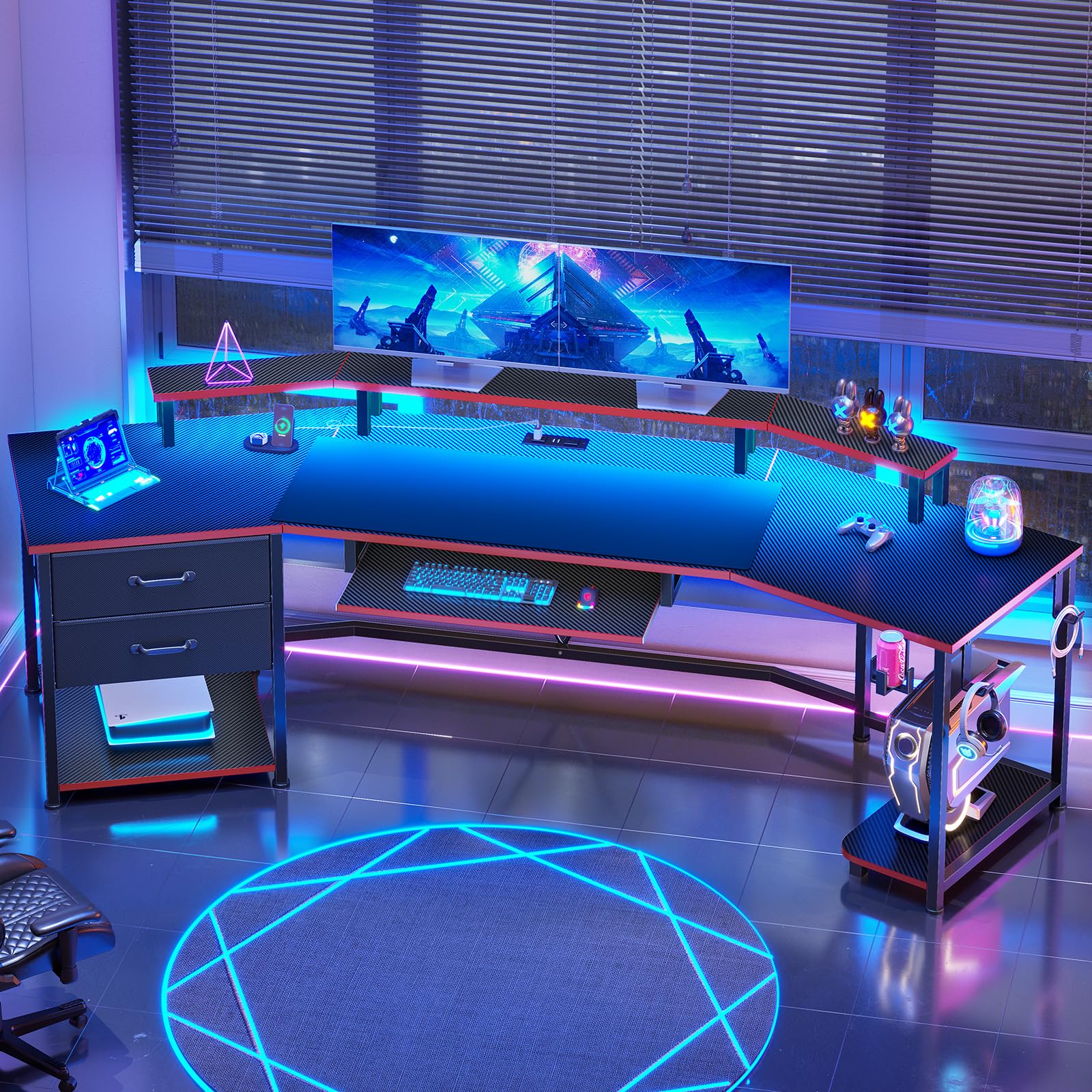 Itaar 79" Gaming Desk with 2 Fabric Drawers, Long Computer Desk with Power Strip & LED Lights, U Shaped Desk wtih Storage and Cup Holder, Large Gaming