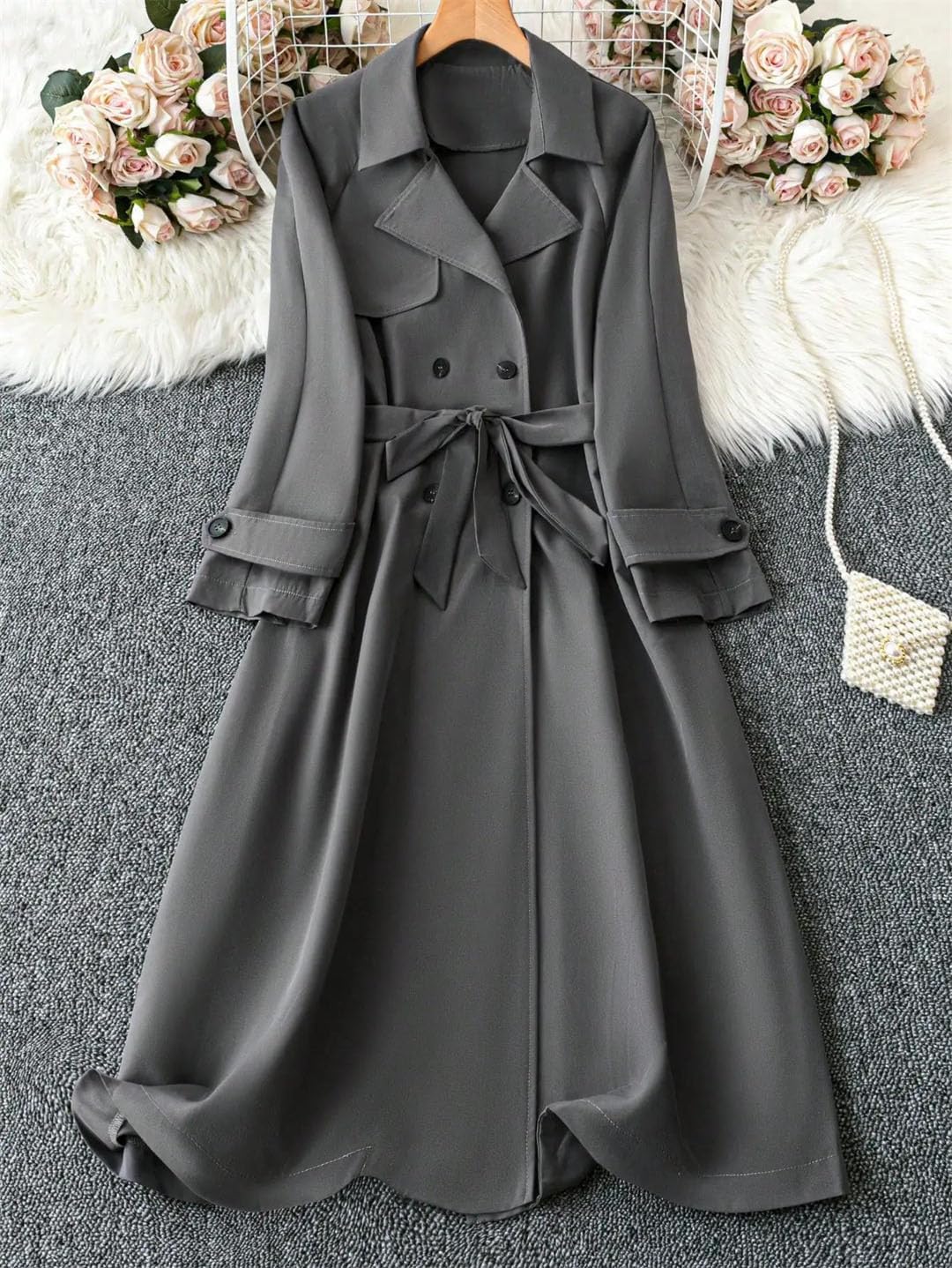 Women Gray Trench Commuting Outdoor Coat