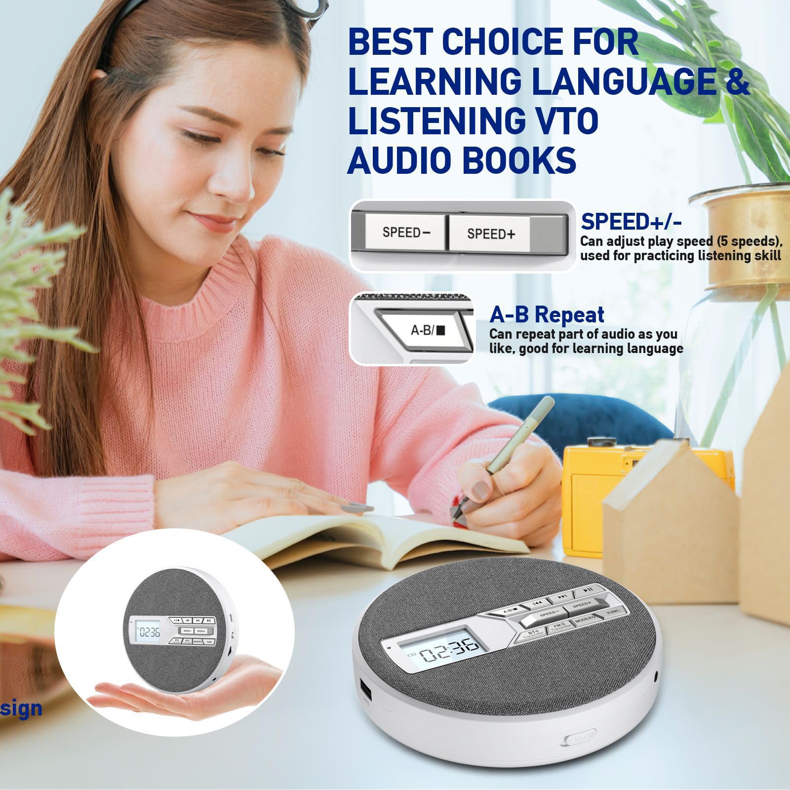 Lettore musicale multiformato con uscita da 3,5 mm e pulsante retroilluminato per disco LCD per casa e viaggio