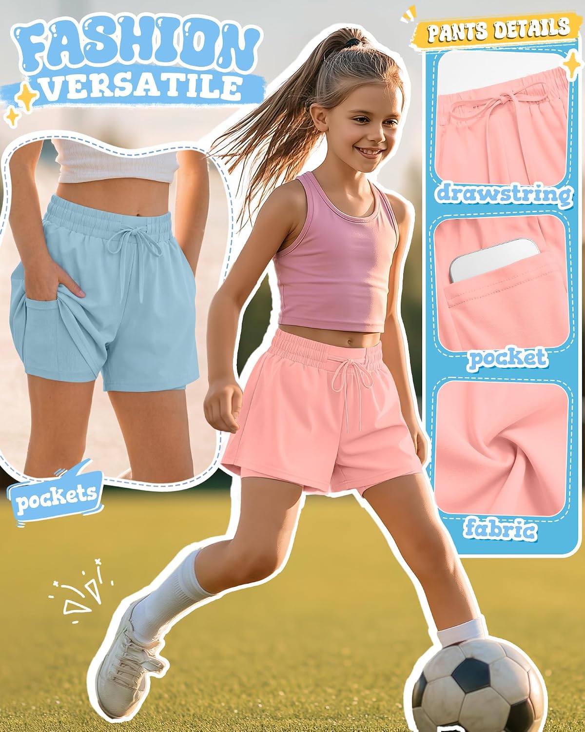Yooo's Vivi 3 Pack Girls Athletic Shorts Liner 2 in 1 Elastic Waist Drawstring Kids Summer Running Casual with Pockets 5-14Y