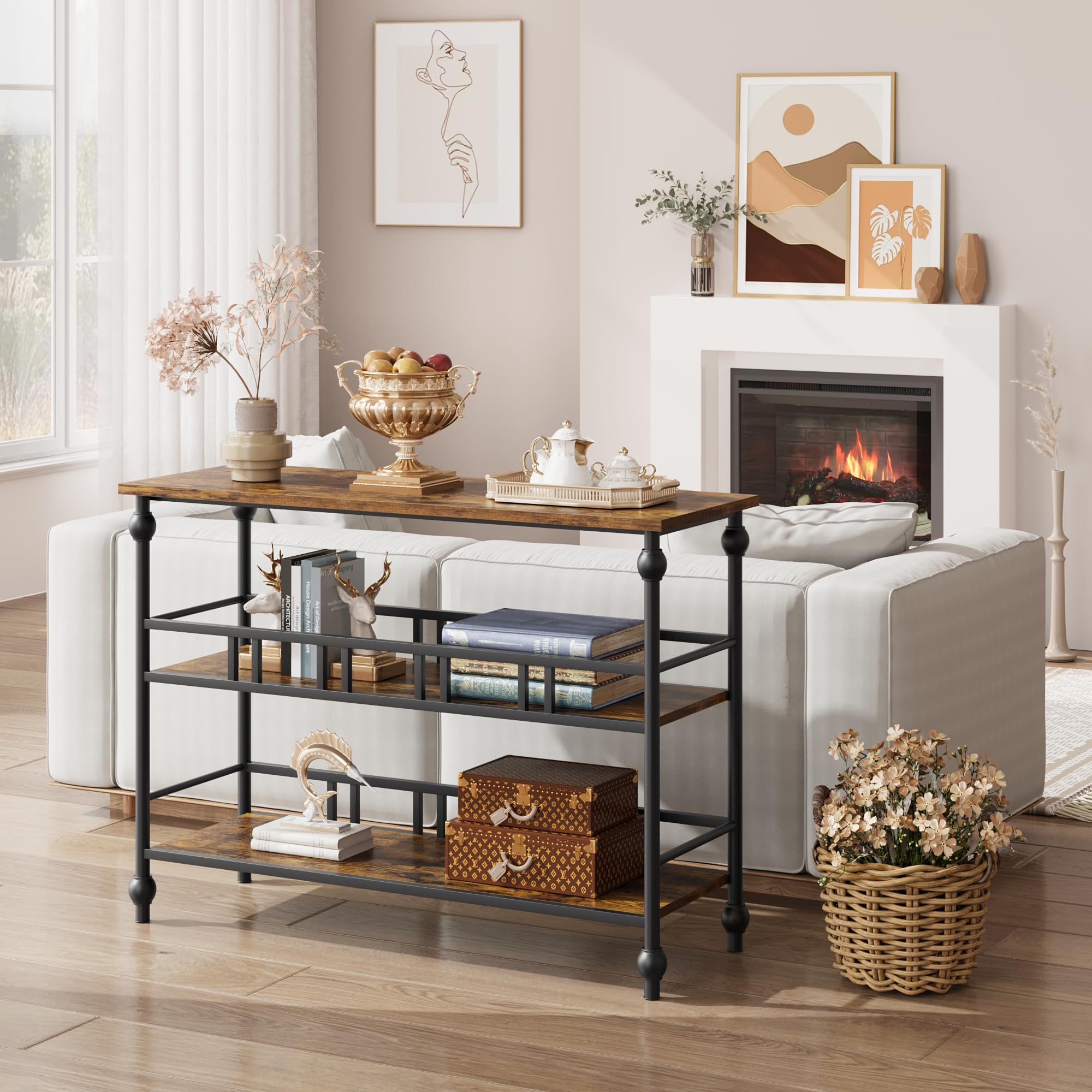 Mesa consola estrecha 43" - 3 niveles con estantes - Mesa auxiliar para entrada, detrás del sofá o pasillo - Estilo rústico con almacenamiento - Ideal para salón, dormitorio y recibidor - clásico