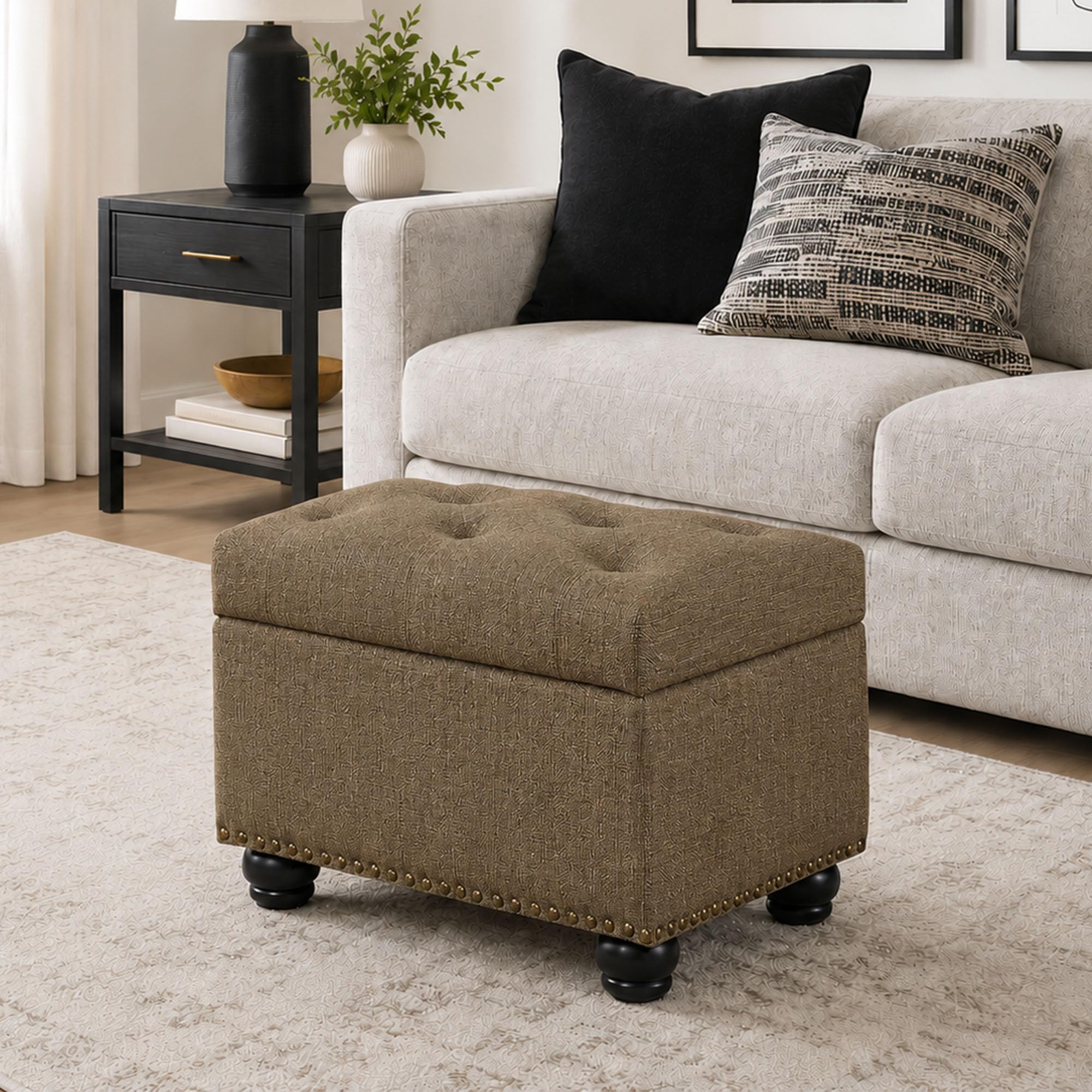 Convenience Concepts Designs4Comfort 5th Avenue Upholstered Storage Ottoman 24" - Contemporary Foot Stool and Seat with Hinged Lid for Living Room, Dining Room, Office, Den, Sandstone Fabric