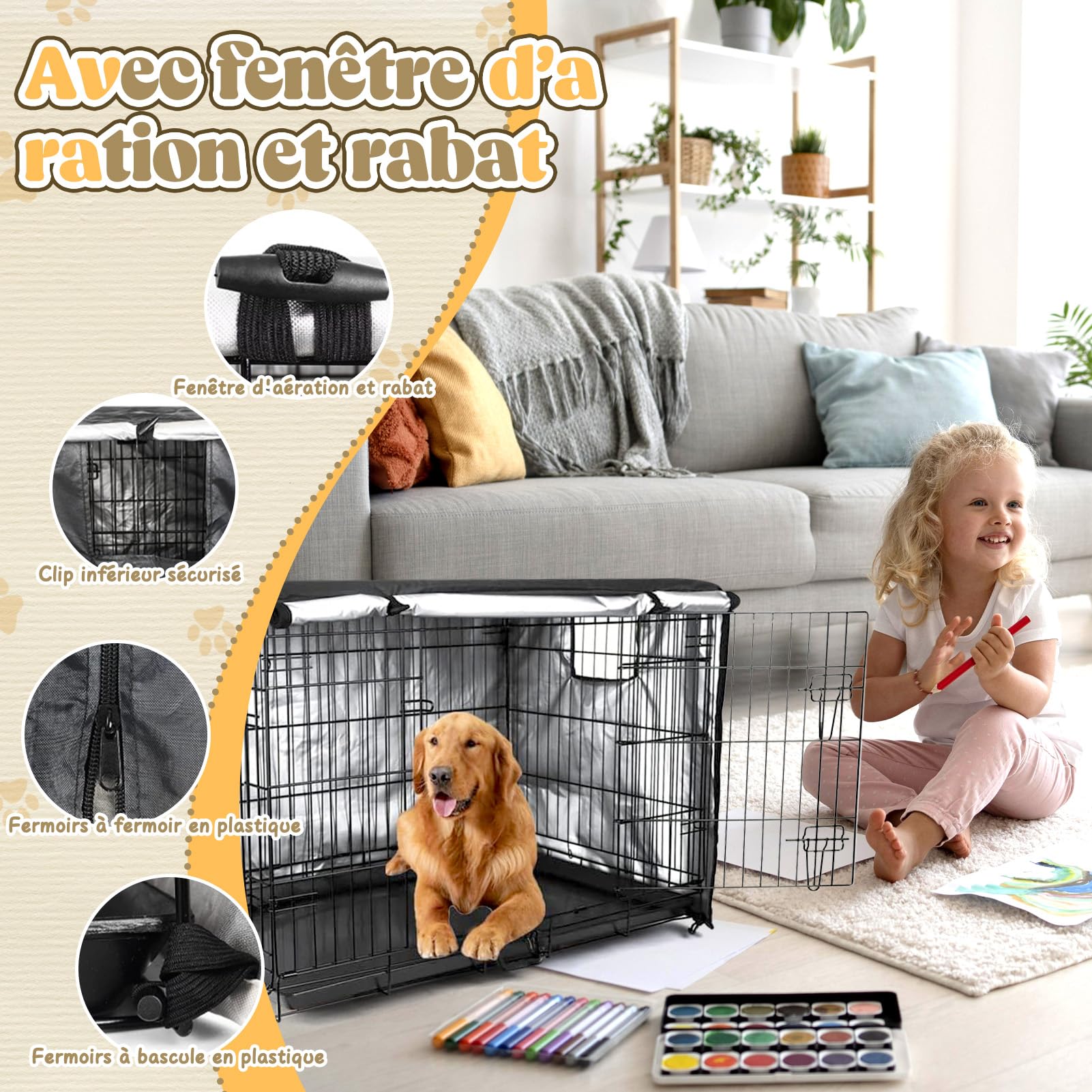 Copertura per gabbia di cane VINGVO, Copertura per gabbia di cane, Copertura per gabbia di cane 600D, Impermeabile e durevole, Copertura universale per la maggior parte delle gabbie (42pollici)