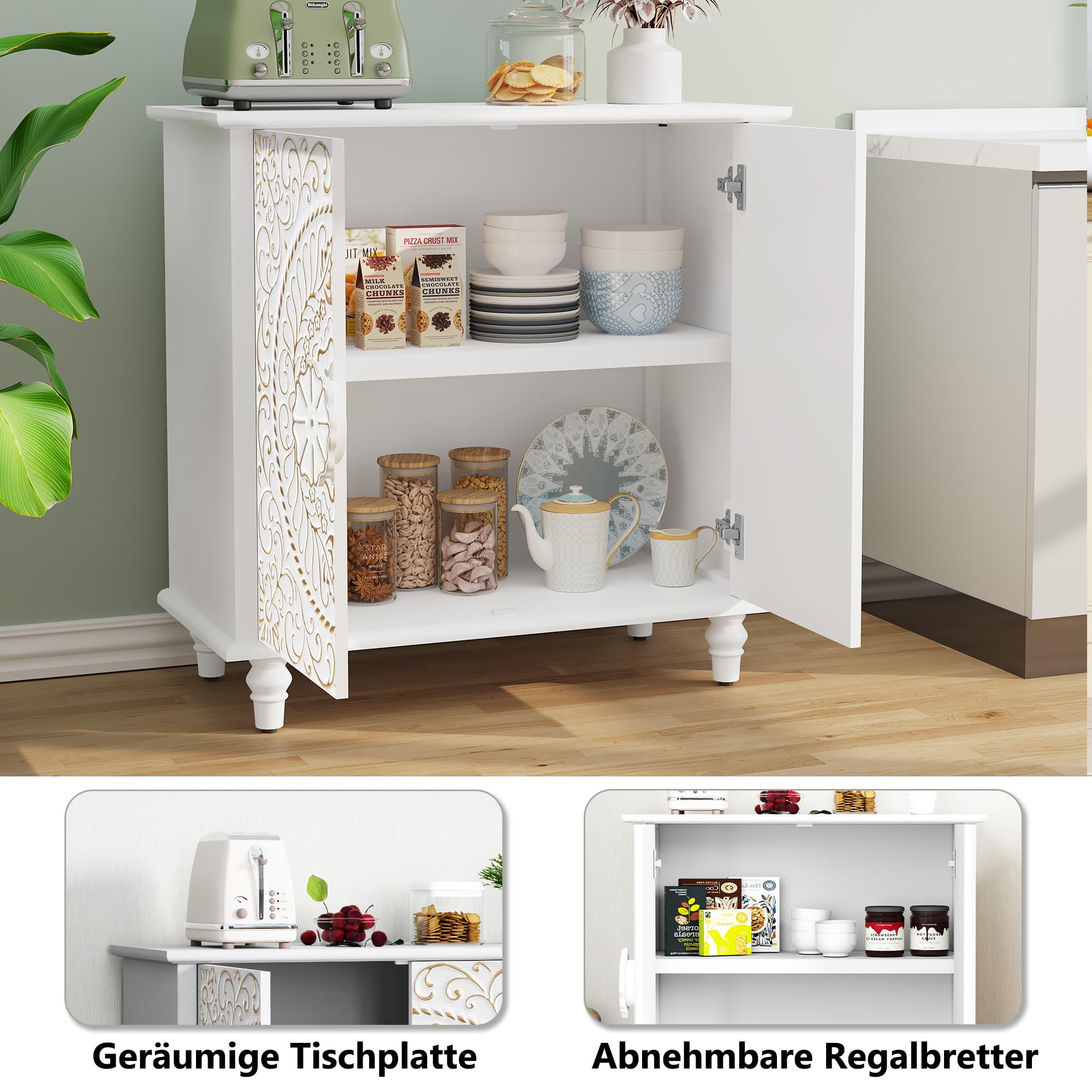 HOLTICO Sideboard Wohnzimmer, Küchenschrank Kommode mit 2 Türen Buffetschrank Aufbewahrungsschrank für Wohnzimmer, Küche, Esszimmer Weiß