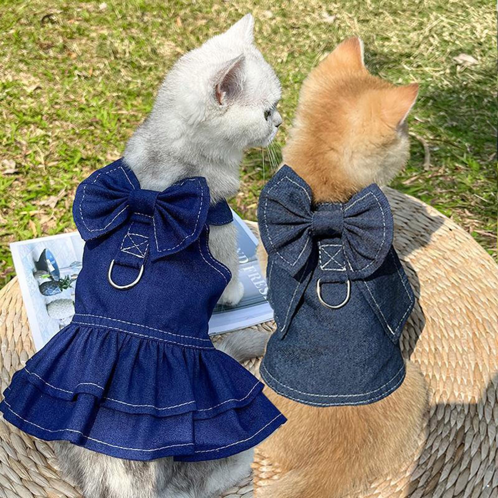Ling & Bai Dog Harness Dresses Summer Dogs Denim Outfit with D Ring Cat Girl Princess Skirt Pet Bow Clothes (M) - Image 2