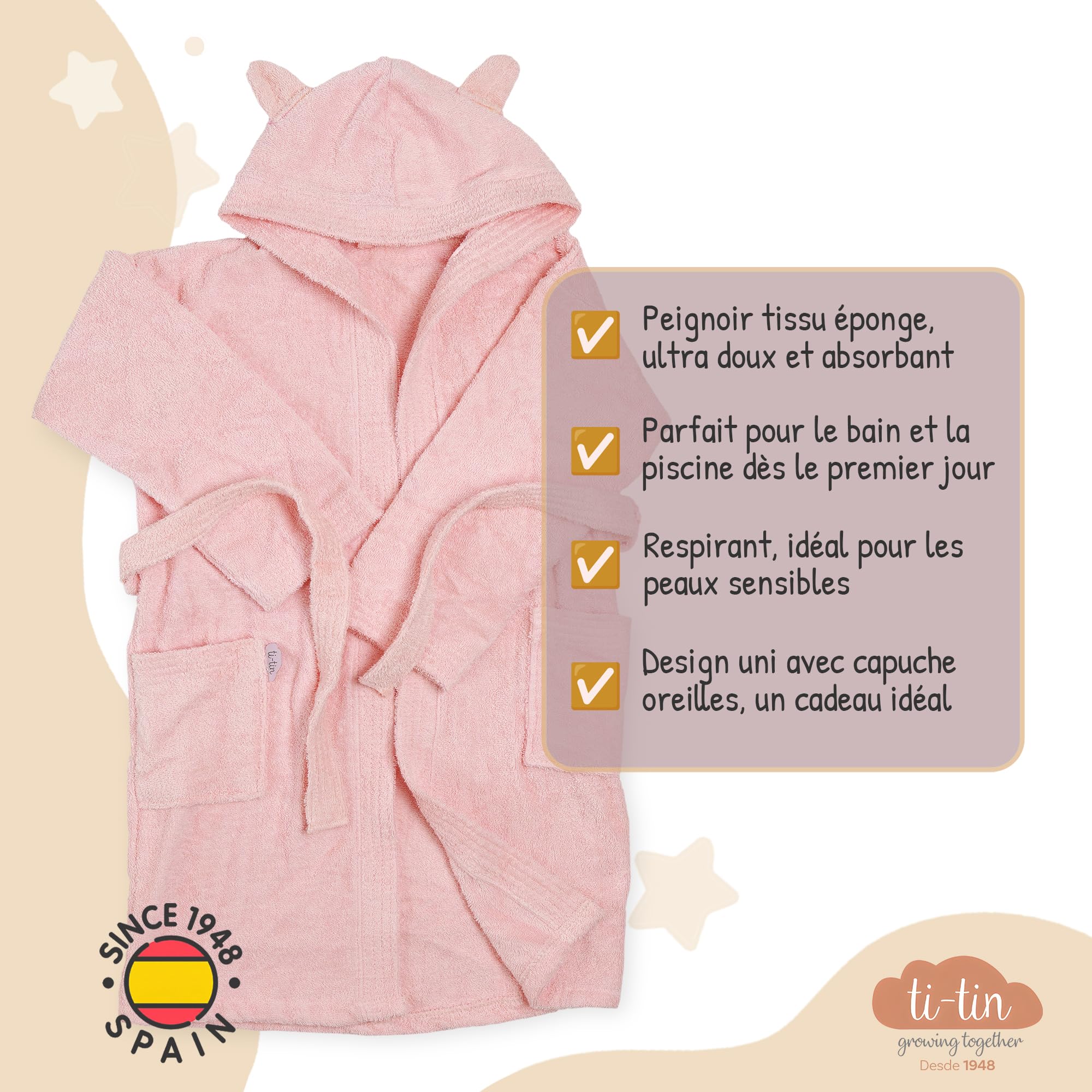 Ti TIN Peignoir Enfant Garçon ou Fille avec Capuche et Poches - Poncho de Bain Ultra-Doux et Absorbant en Coton, Idéal pour l'Heure du Bain, Facile à Laver, Lavable à 30°C