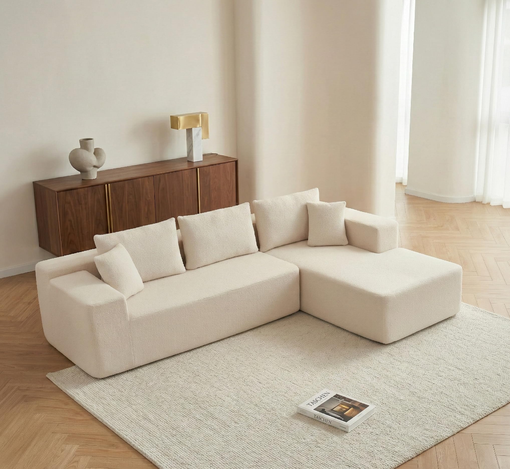 Sofá Esquinero Chaise Longue Forma L Moderno de Espuma Comprimida, con función Cama, envío Caja Sin Montaje (Borrego Beige, Chaise Longue Izquierda)
