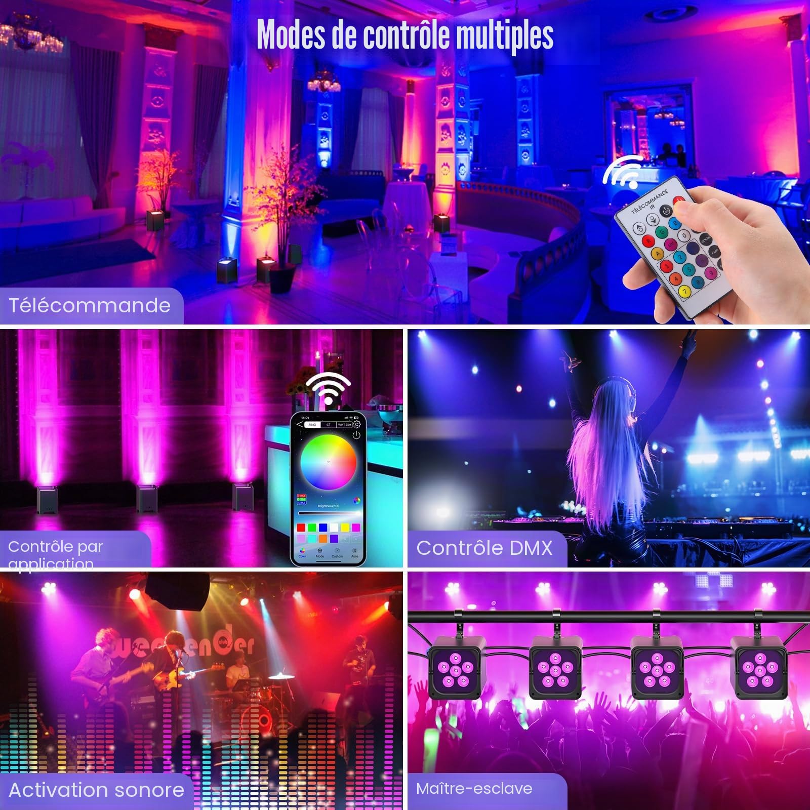 Lot de 4 projecteurs LED 108 W RGBWA-UV - Contrôle par application avec paquet lumineux - Batterie LED avec DMX et télécommande - Pour fête, Halloween, Noël