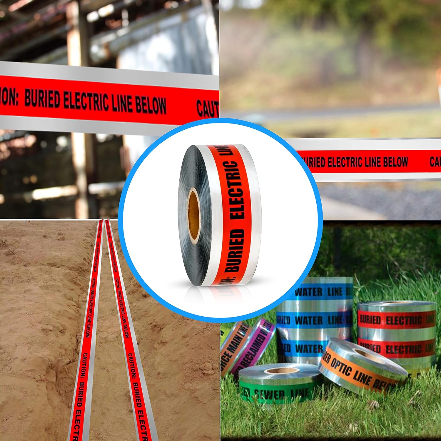 OHLECTRIC 5mil Silver Foil Red Underground Electrical Caution Tape - 12-24 Inch Depth - Caution Buried Electric Line Below Printed Safety Tape - 6" x 1000’ | Pack of 2