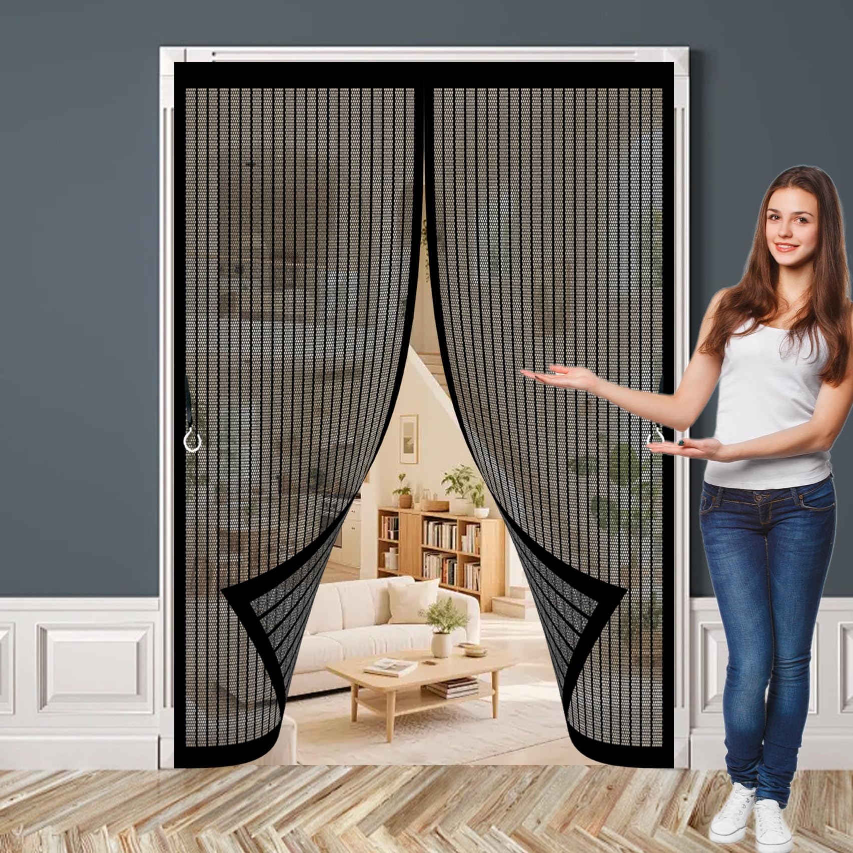 Magnetic Screen Door 195 x 248 cm Powerful Magnets, No Drill Installation, Automatically Closes, for Keeping Out Flies & Bug Magnetic Door Screen for Patio Doors Balcony, Black